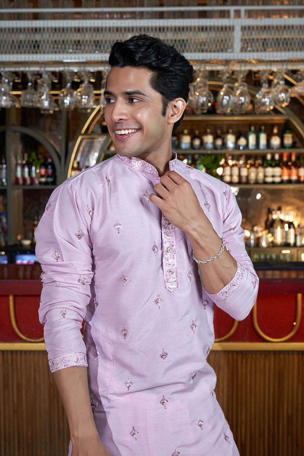 pink long kurta for men with butti work