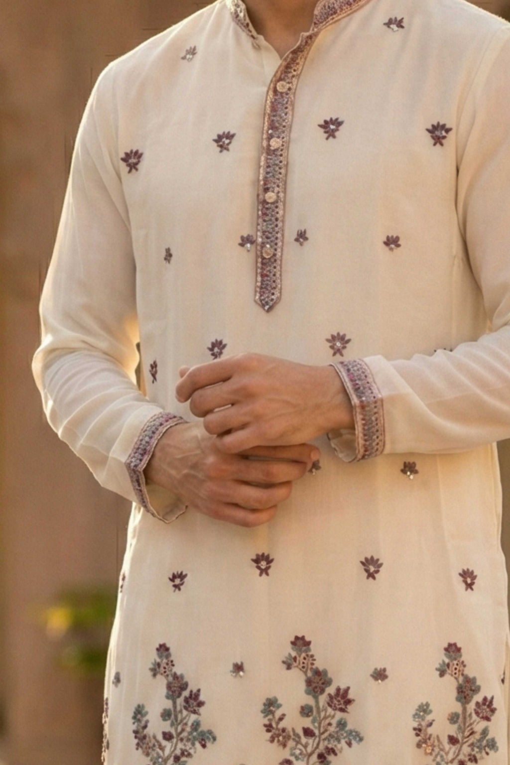 Off White Georgette Classic Floral Embroidery Long Kurta with Dupatta