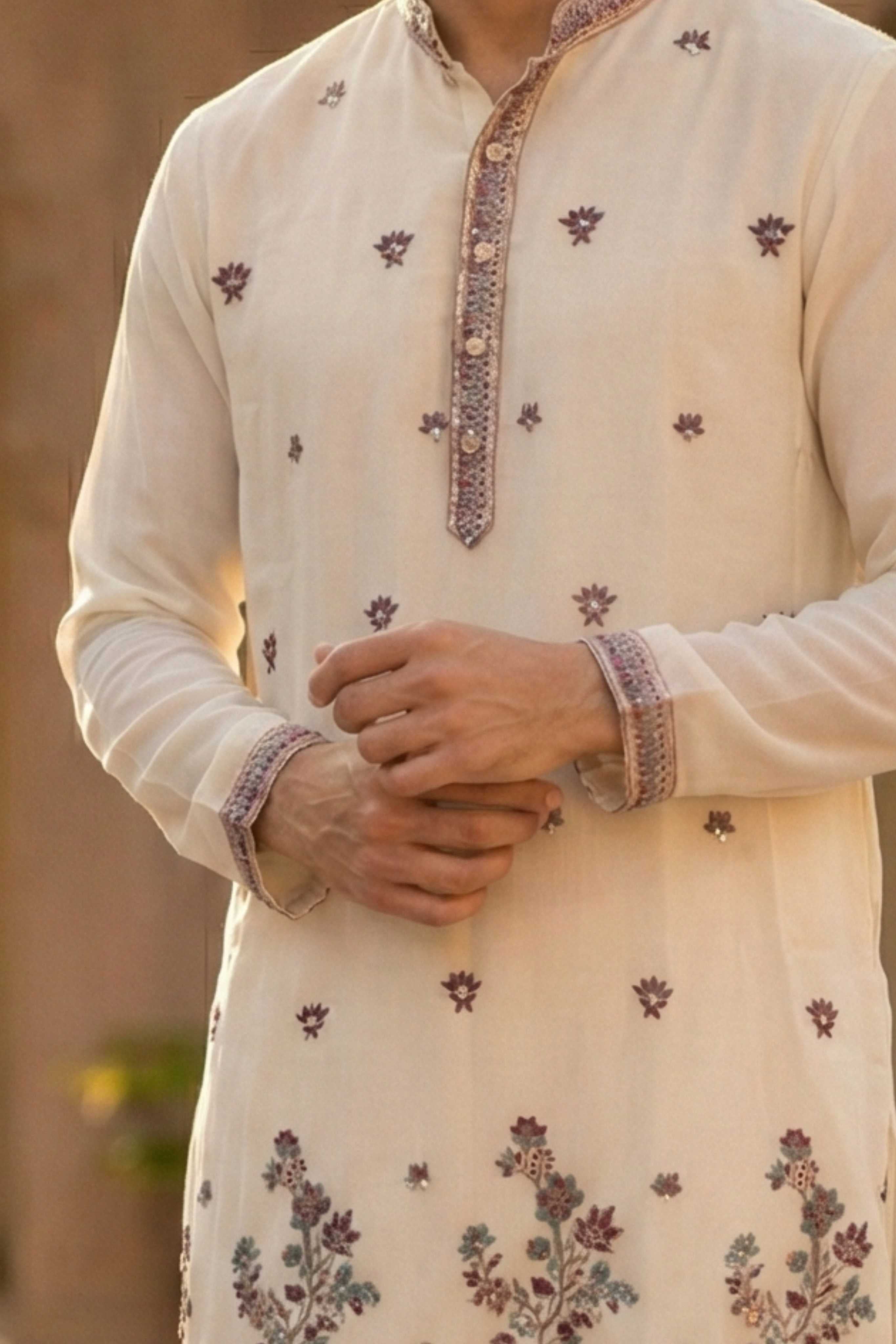 Off White Georgette Classic Floral Embroidery Long Kurta with Dupatta