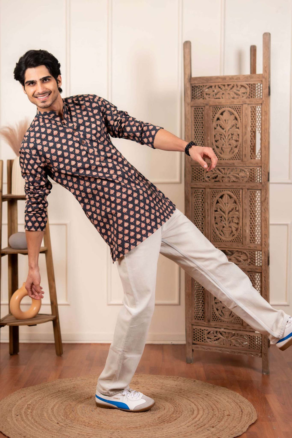 The Fleet Black Leaf Motif Short Kurta