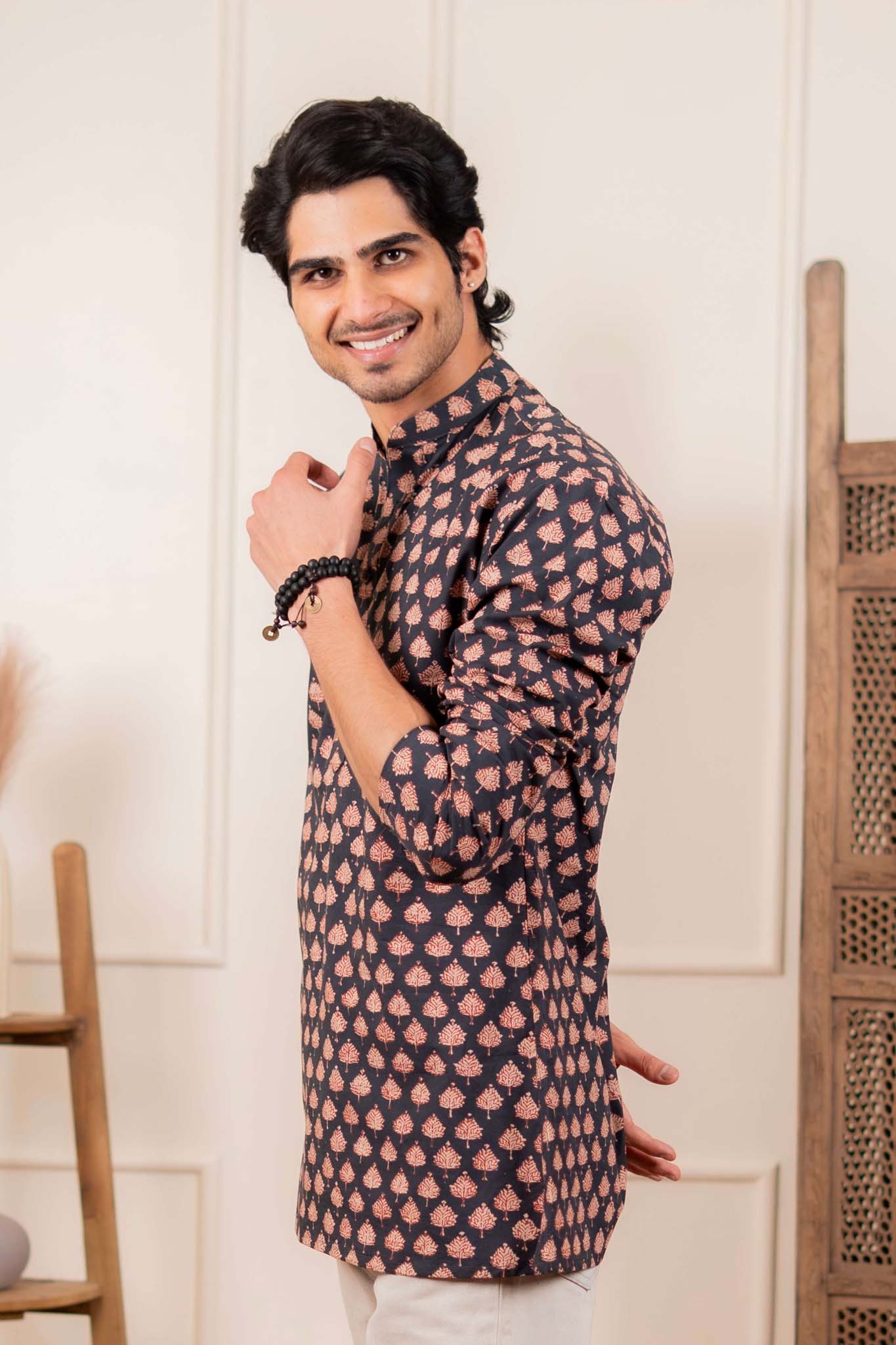 The Fleet Black Leaf Motif Short Kurta