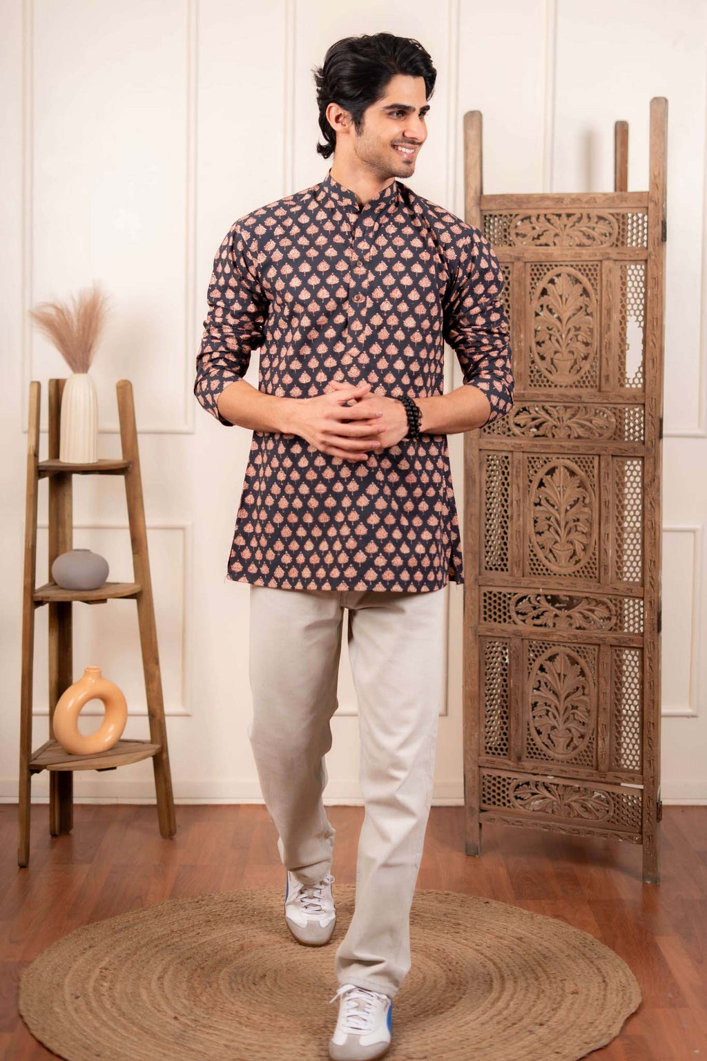 The Fleet Black Leaf Motif Short Kurta
