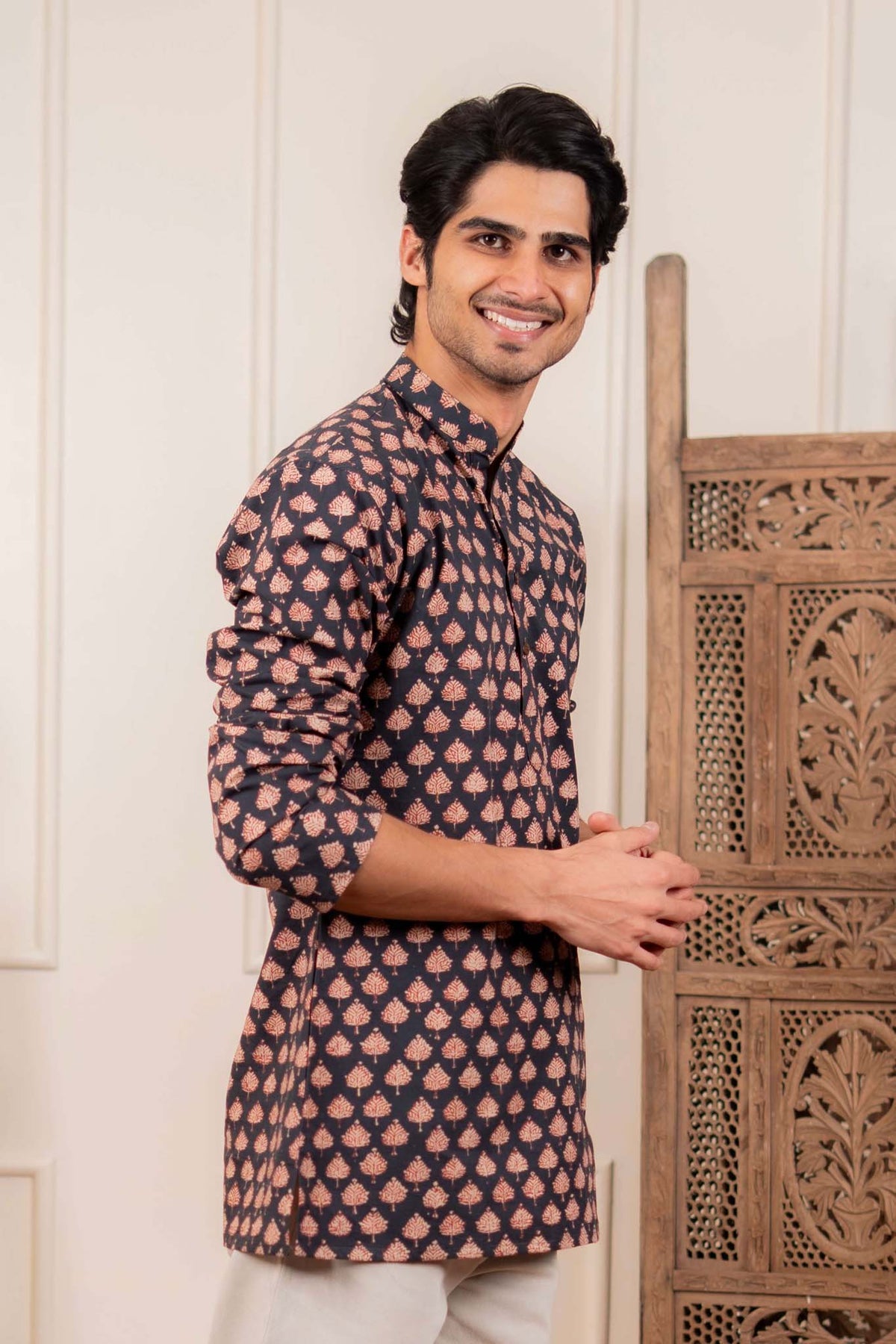 The Fleet Black Leaf Motif Short Kurta