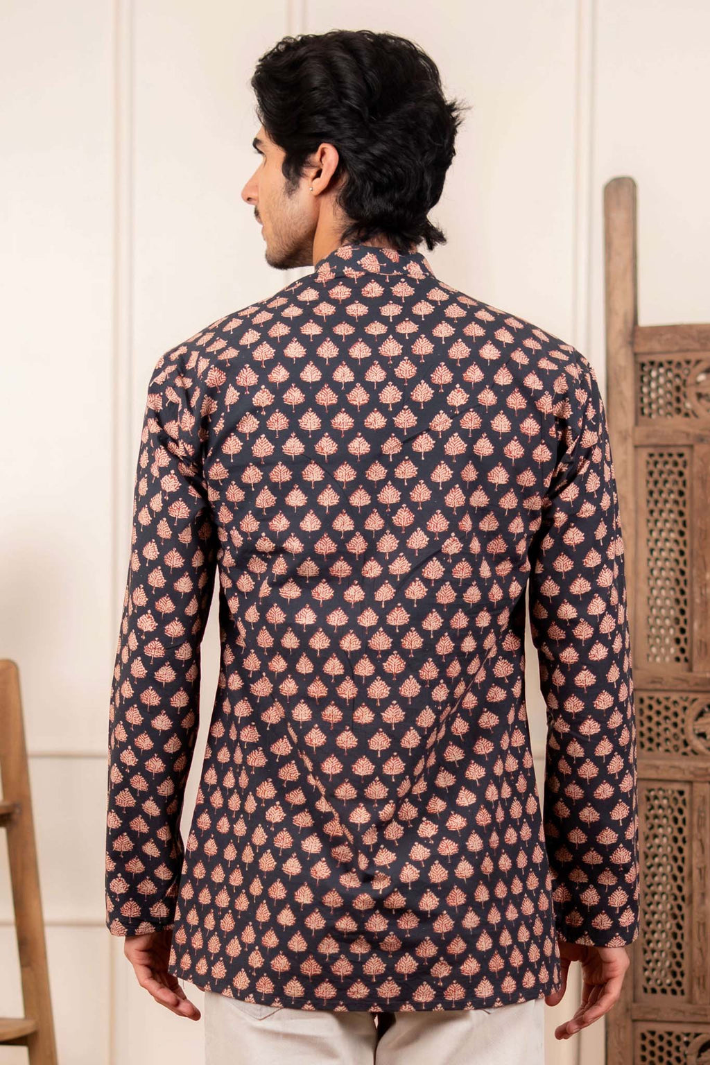 The Fleet Black Leaf Motif Short Kurta