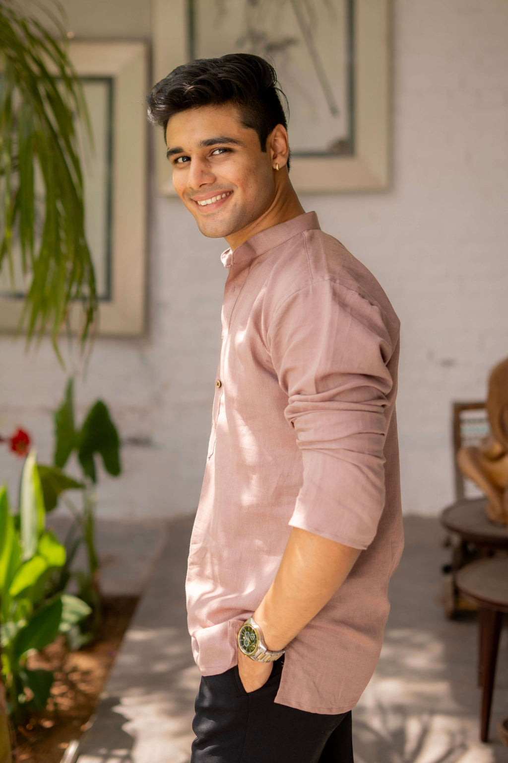 The Light Purple Linen Short Kurta for Men