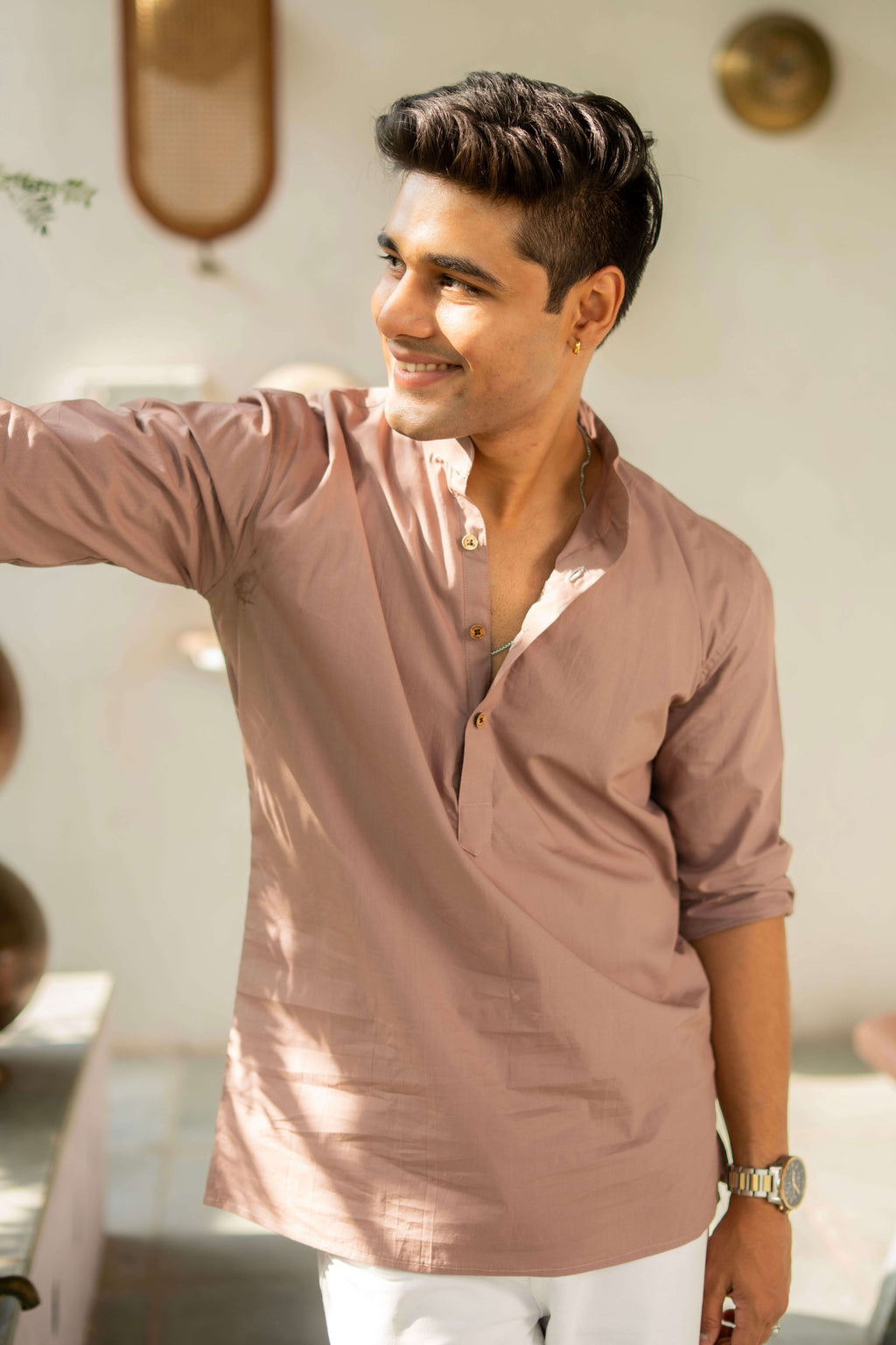 The Cotton Short Kurta In Solid Light Purple Color