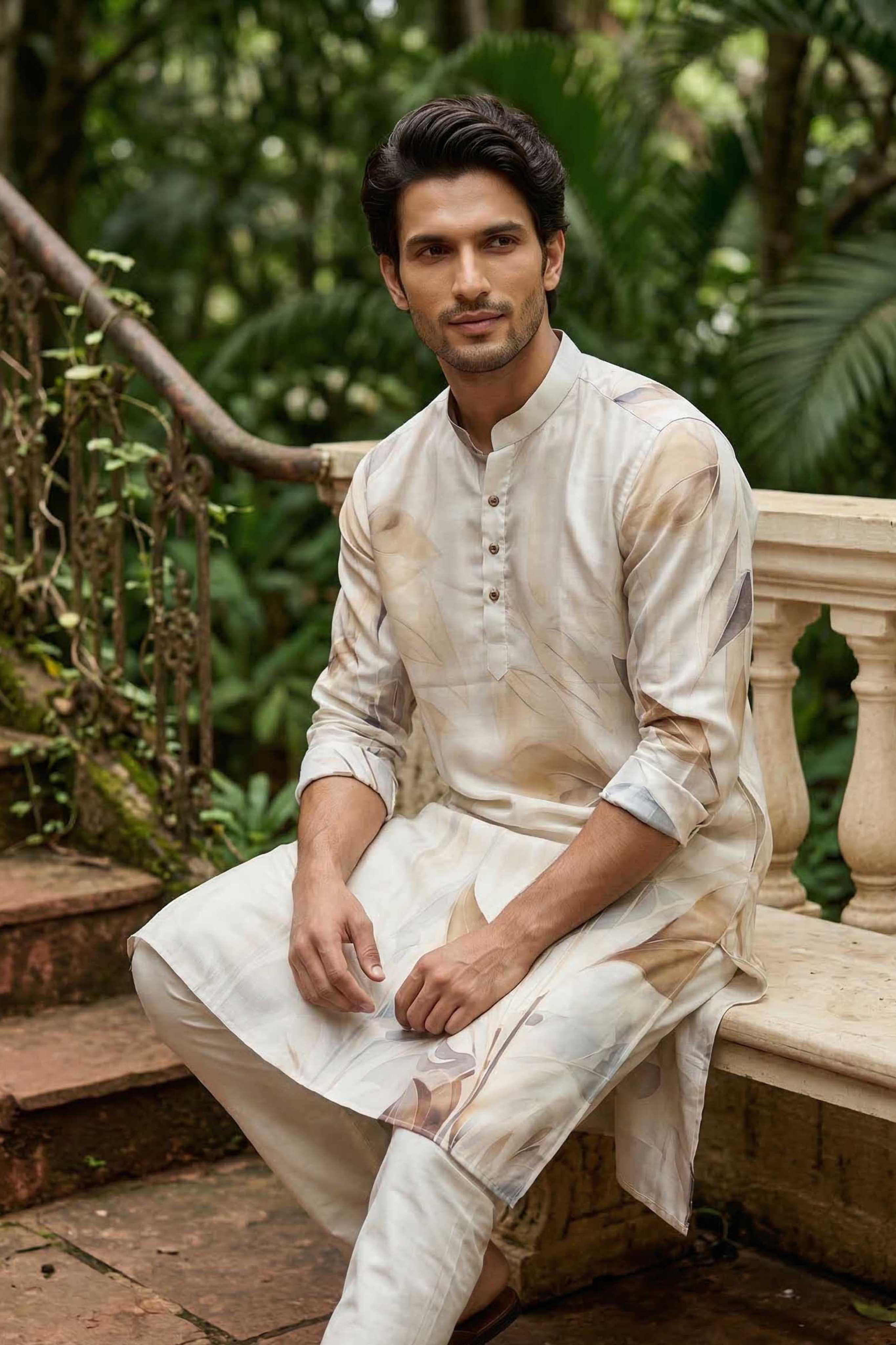 The Ivory Artistic Leaf Print Long Kurta