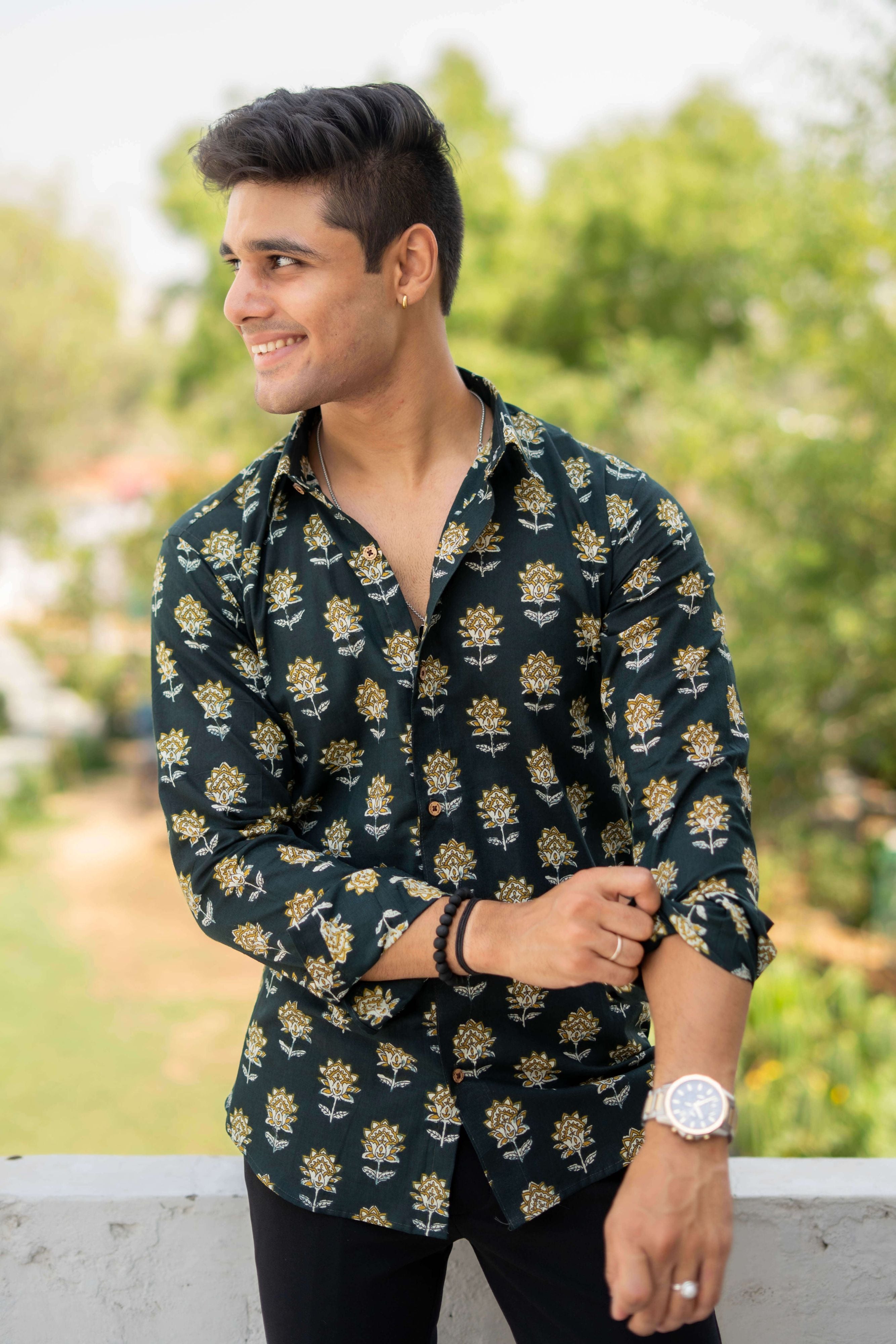 The Castel Green Shirt with Yellow and White Flower Print