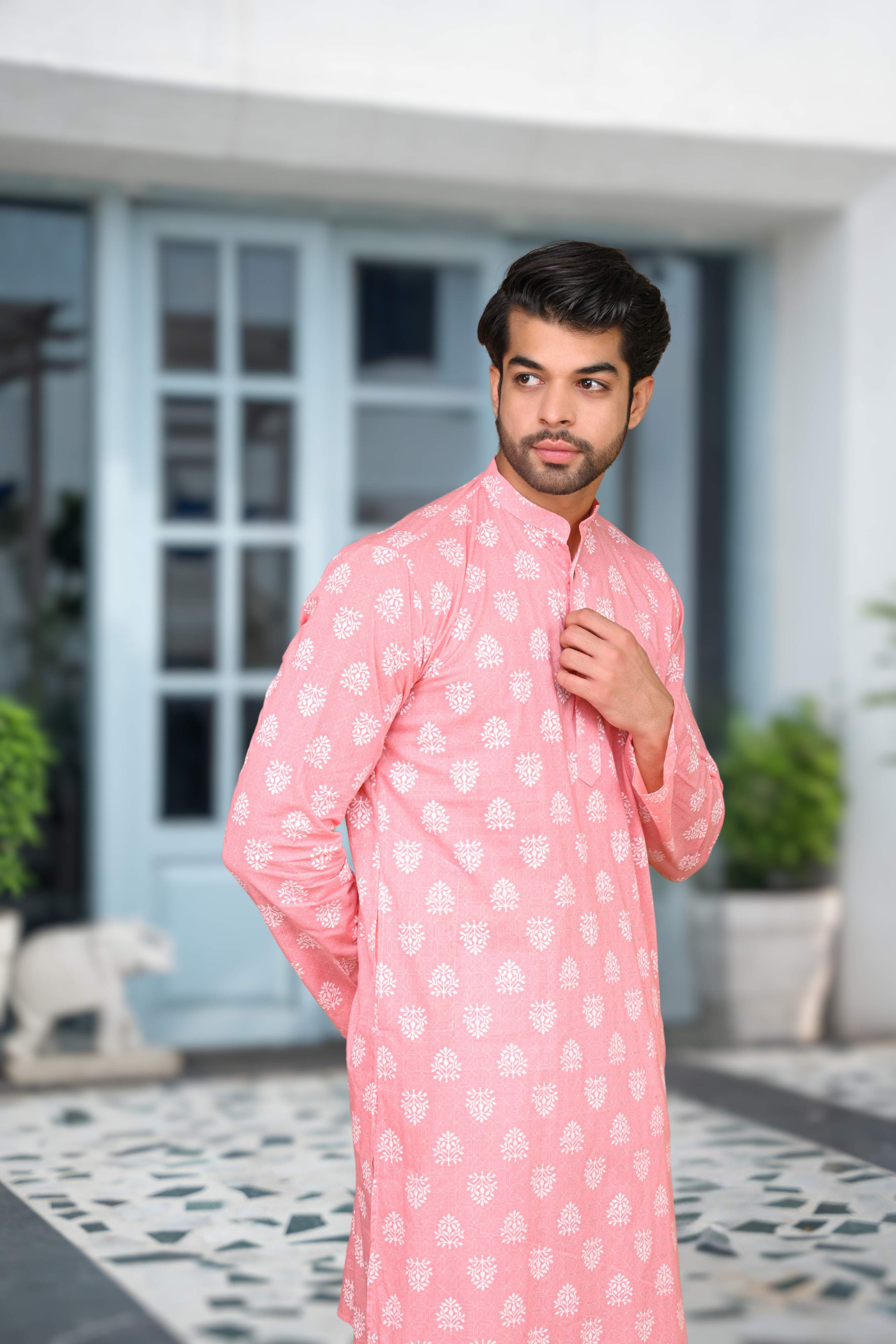 The Pink Long Kurta With Floral Geometric Print