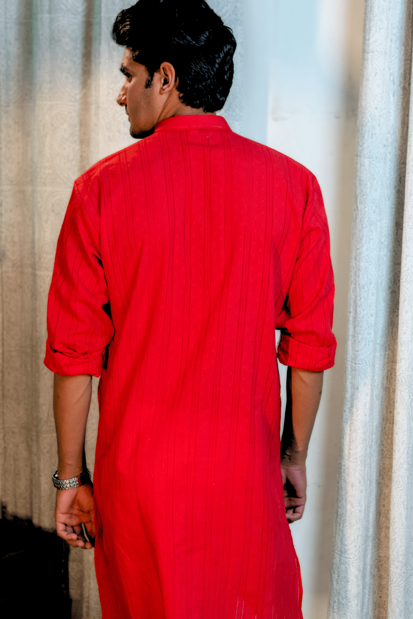 The Red Colour Long Kurta In Woven Dobby Cotton