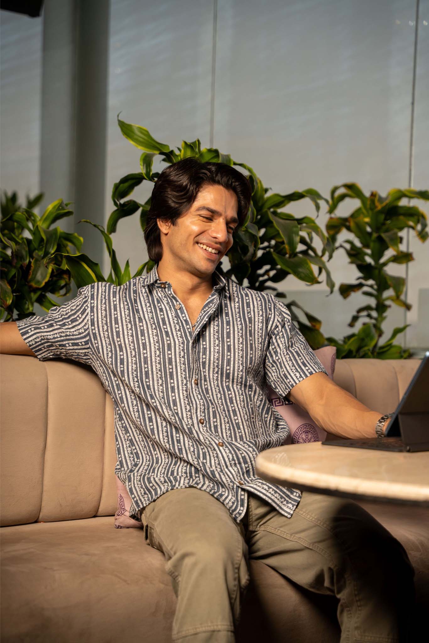 The Greyish Blue And White Half Sleeves Kantha Work Shirt With Tribal Stripe Print