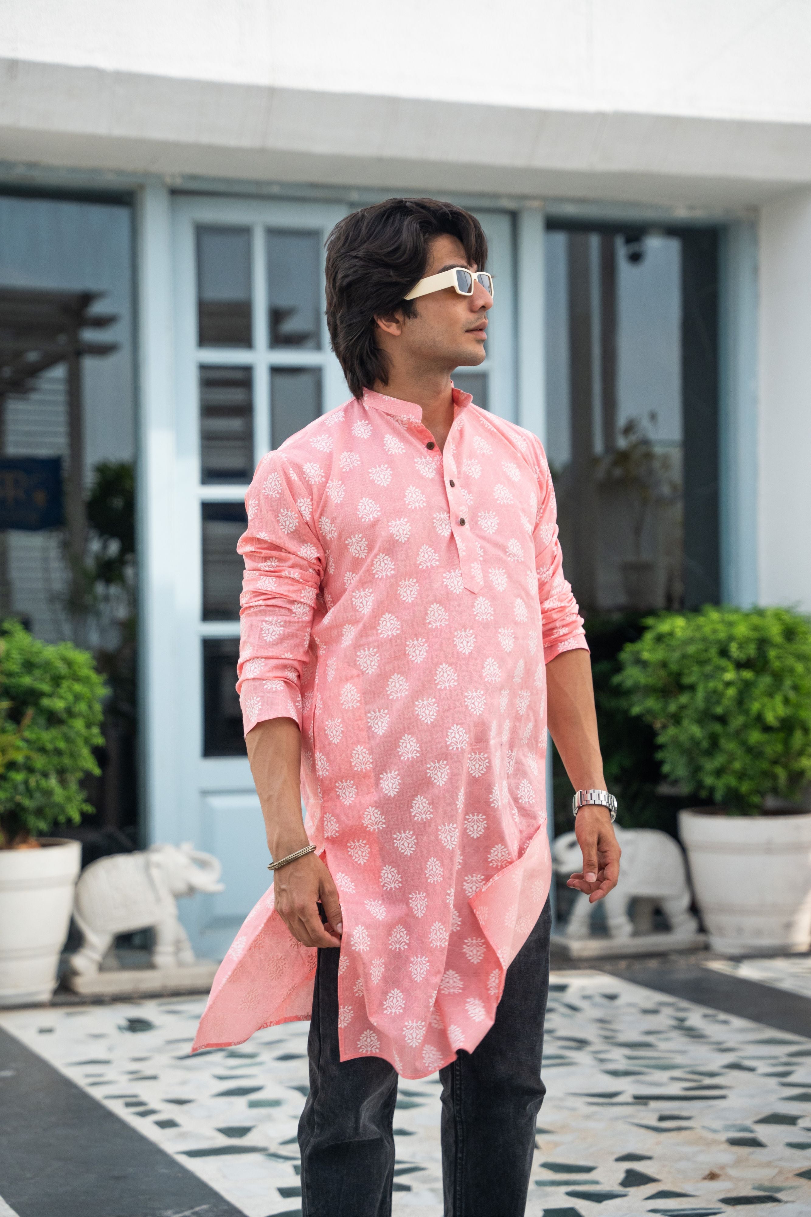 The Pink Long Kurta With Floral Geometric Print