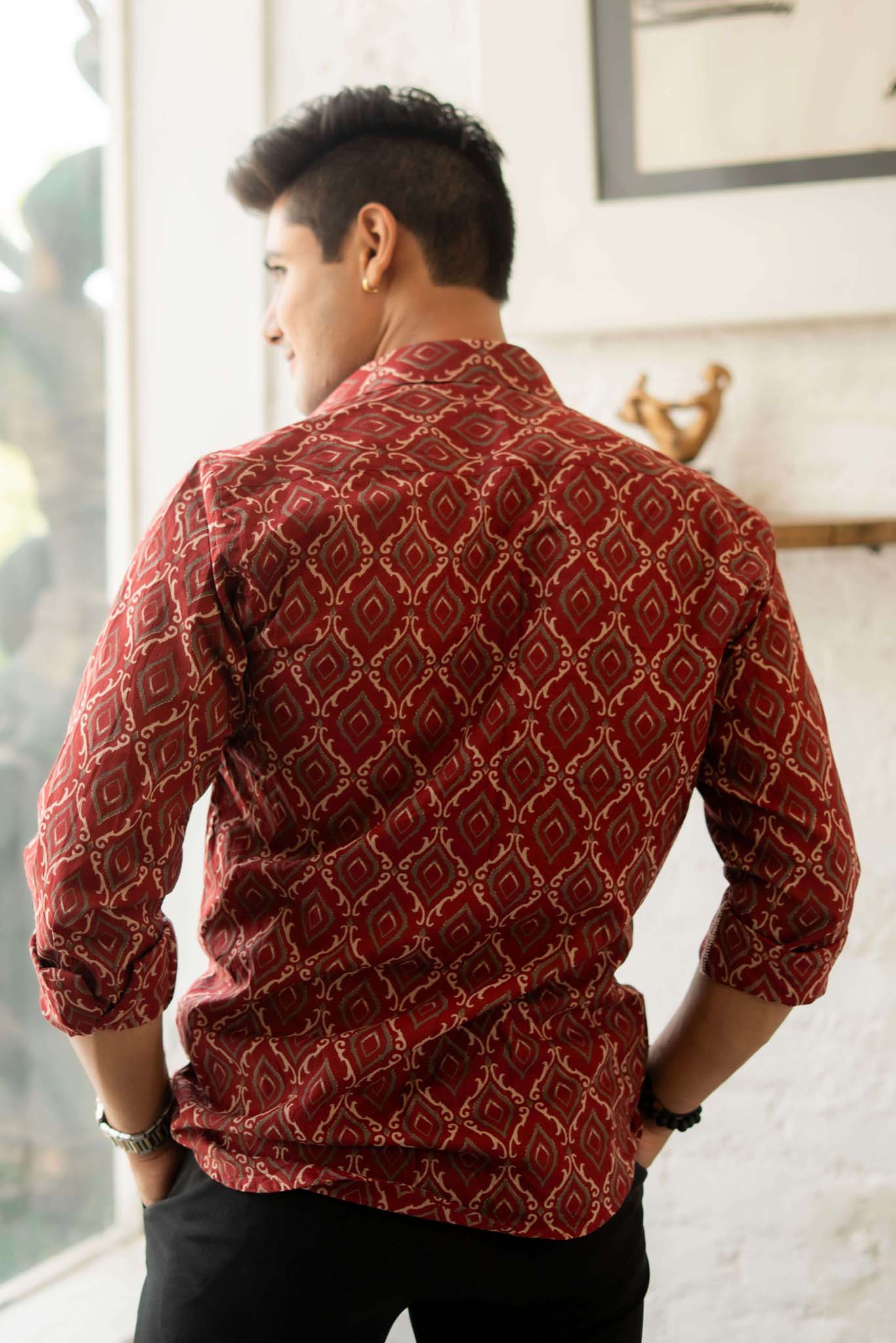 The Fall Red Shirt With Diamond Style Geometric Print
