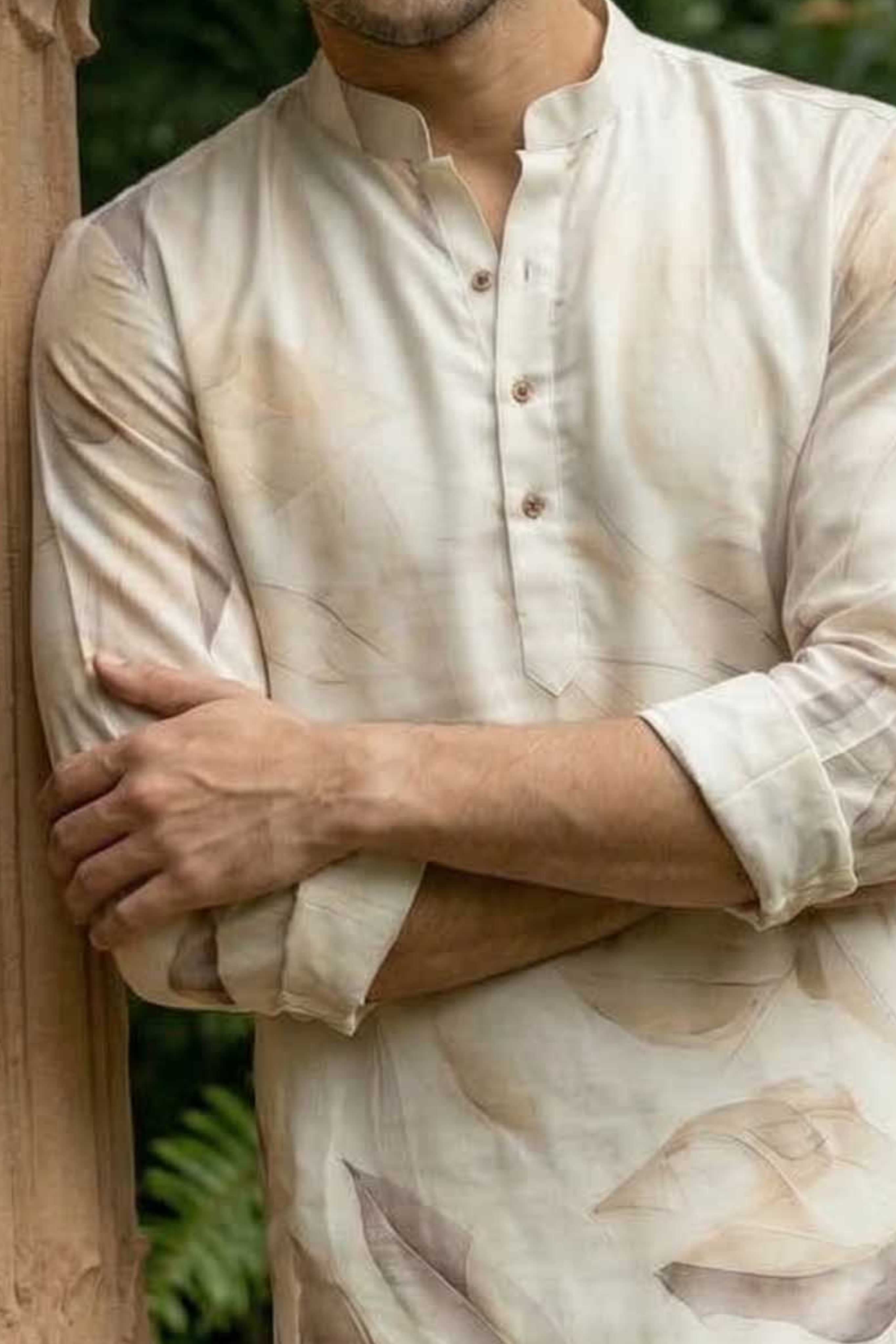 The Ivory Artistic Leaf Print Long Kurta