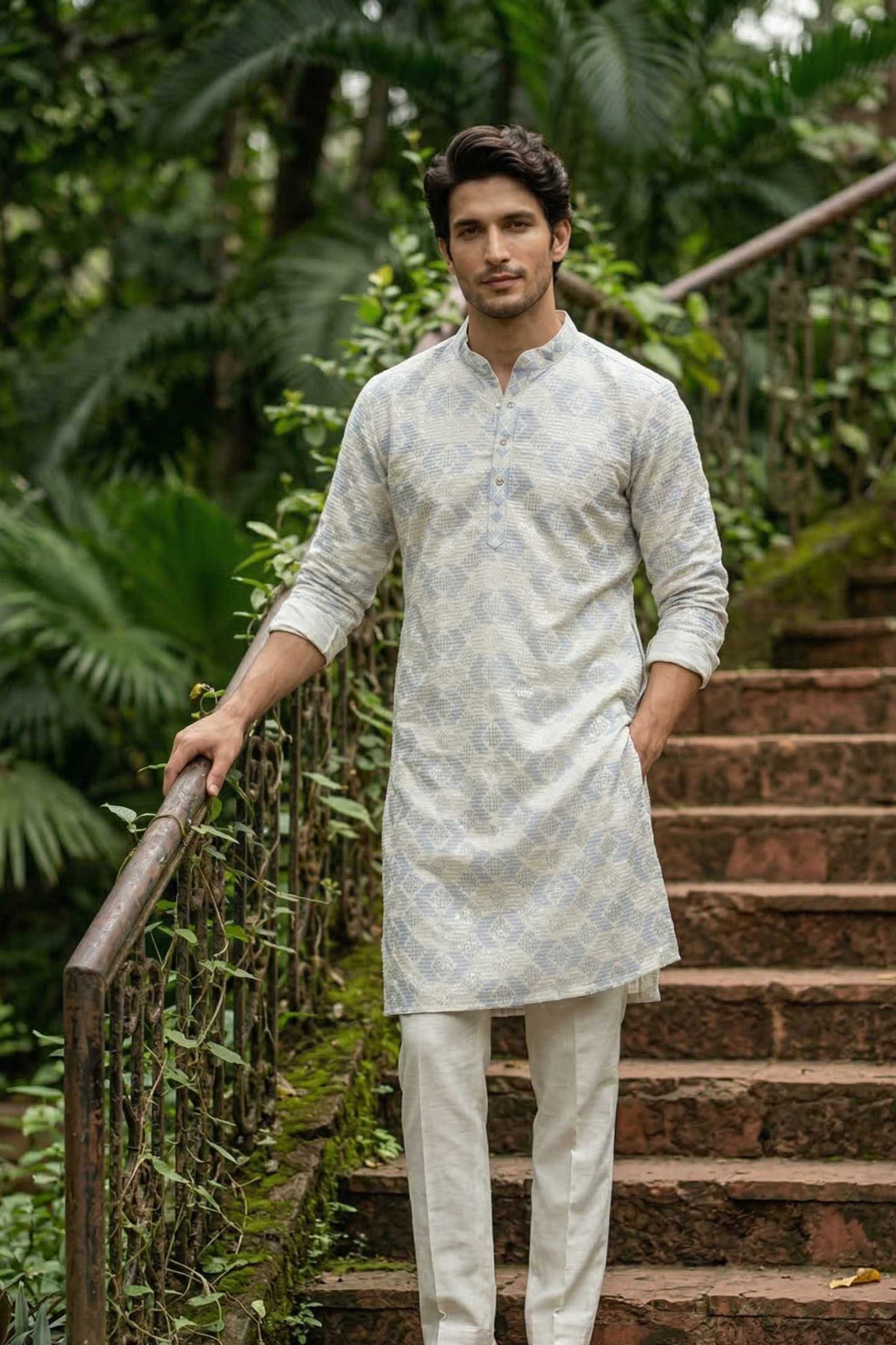 The Off White Long Kurta With Blue and Pearl Thread and Sequins Work