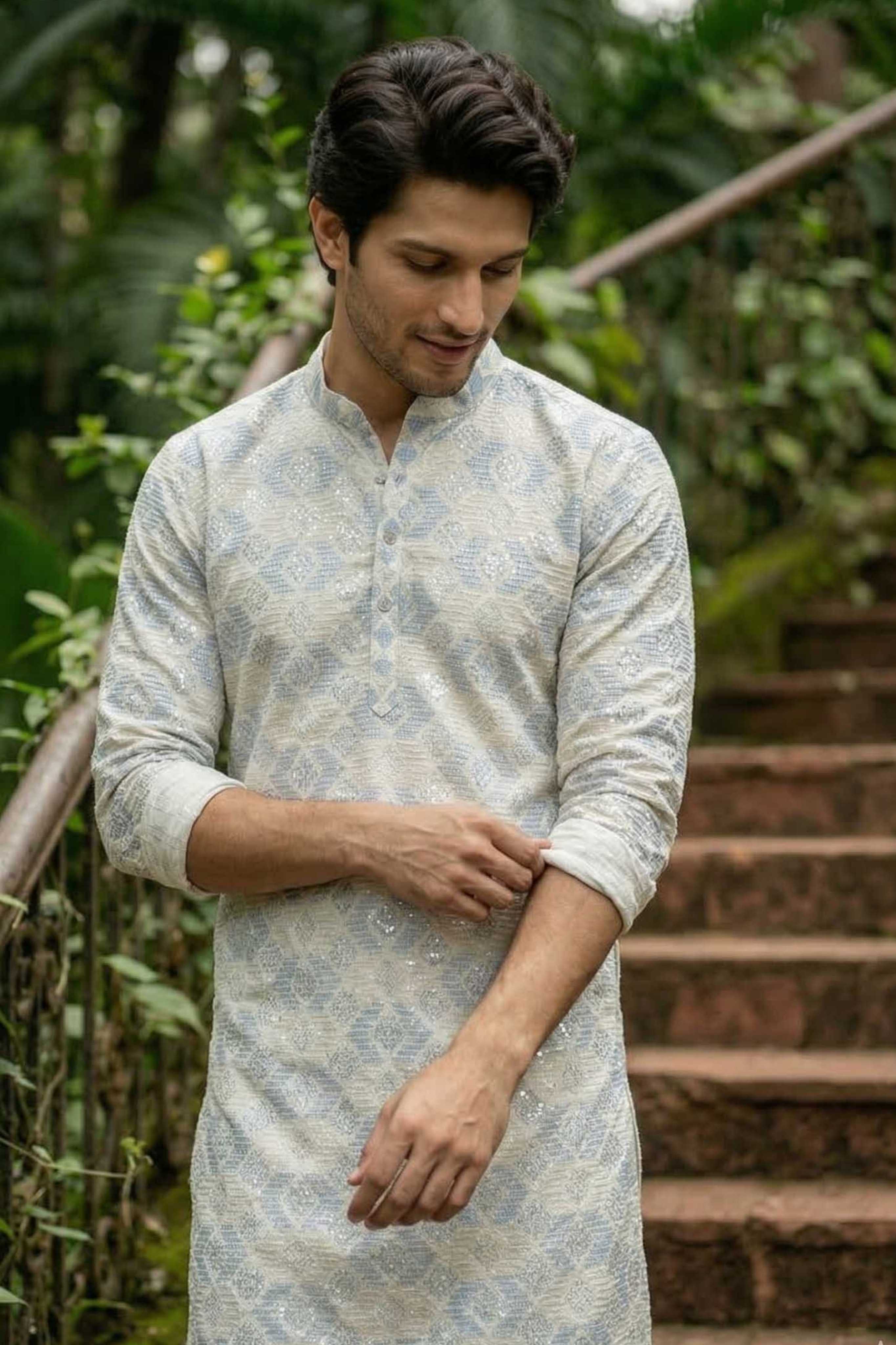 The Off White Long Kurta With Blue and Pearl Thread and Sequins Work