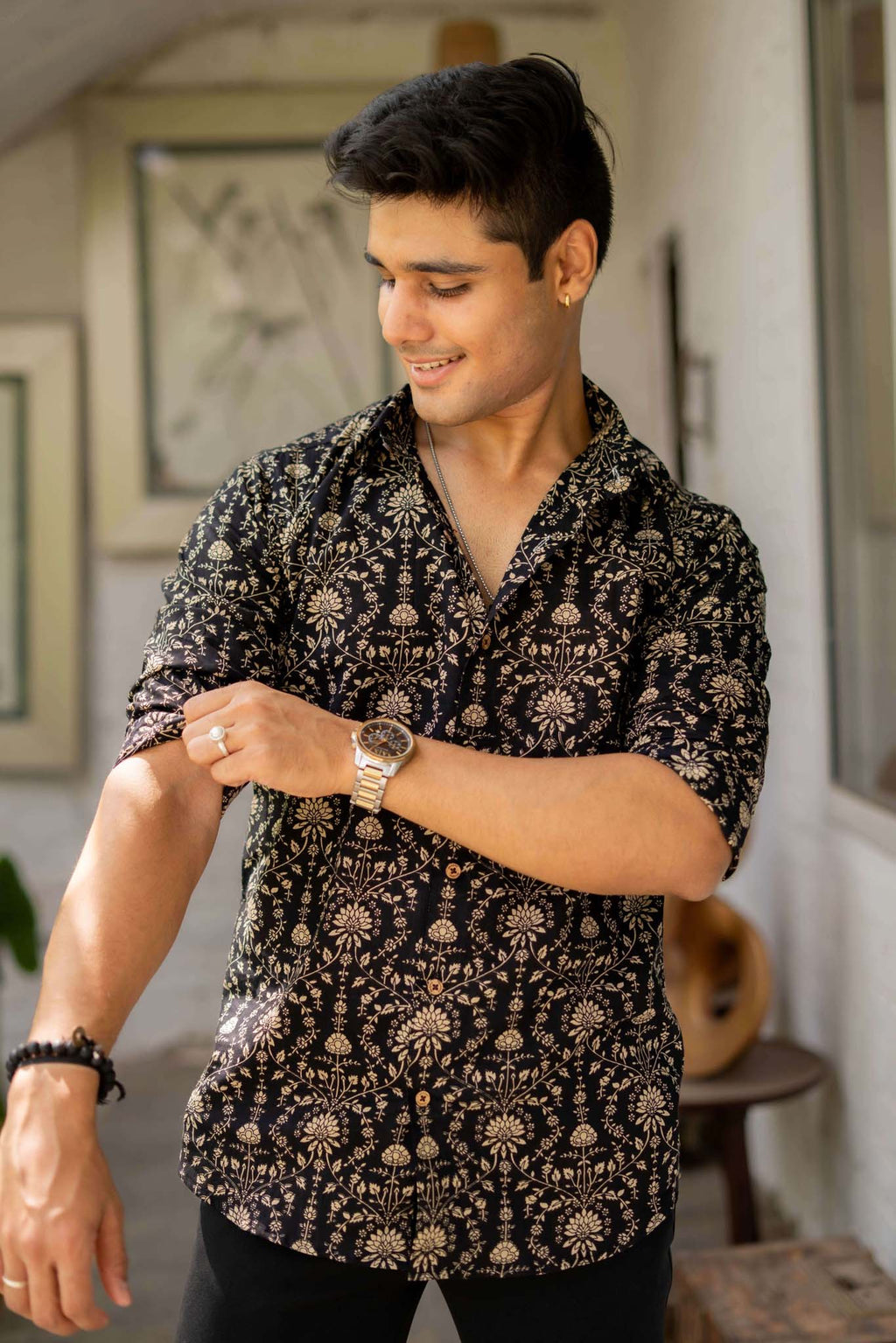 The Black Shirt With Beige Dabu Print