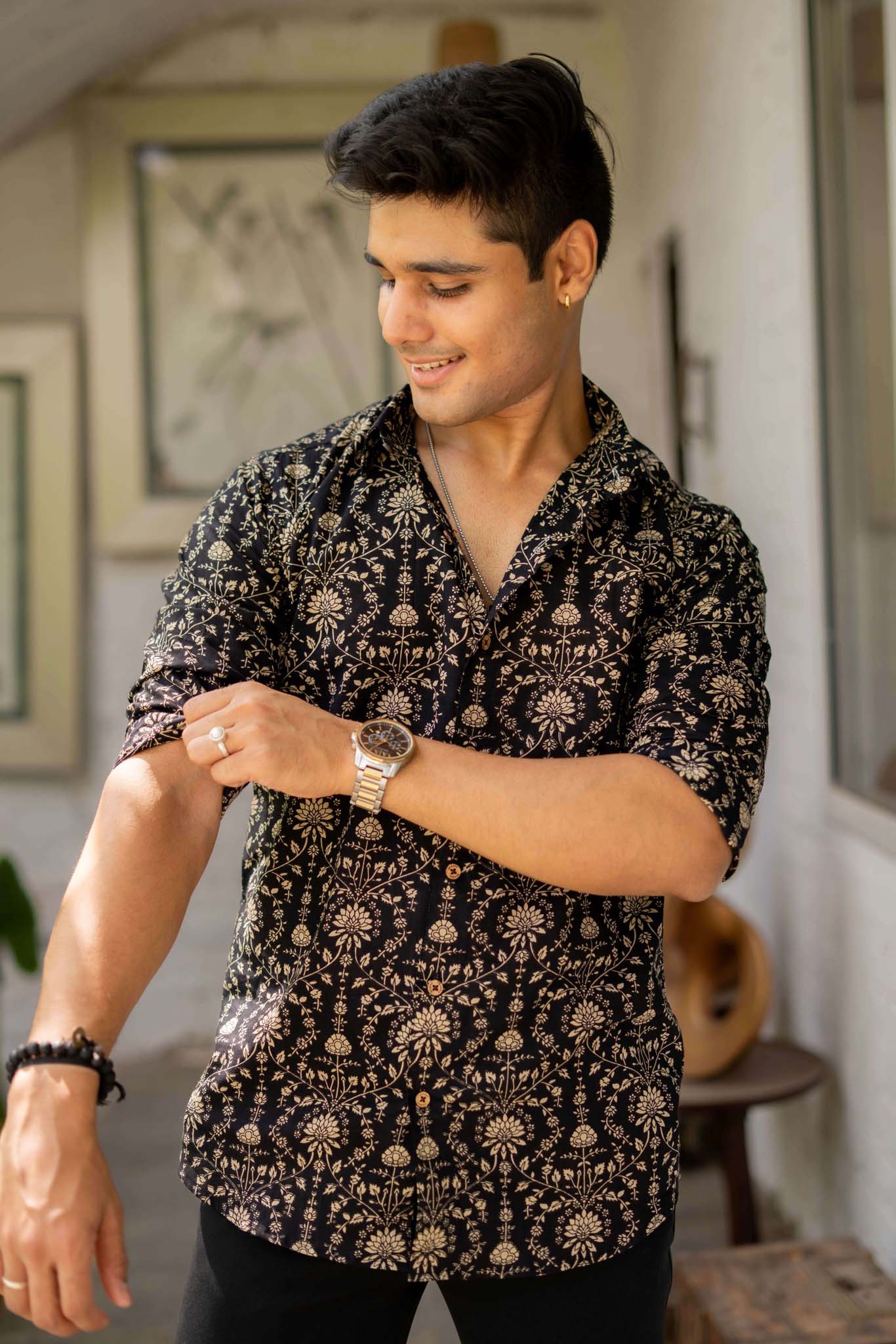 The Black Shirt With Beige Dabu Print