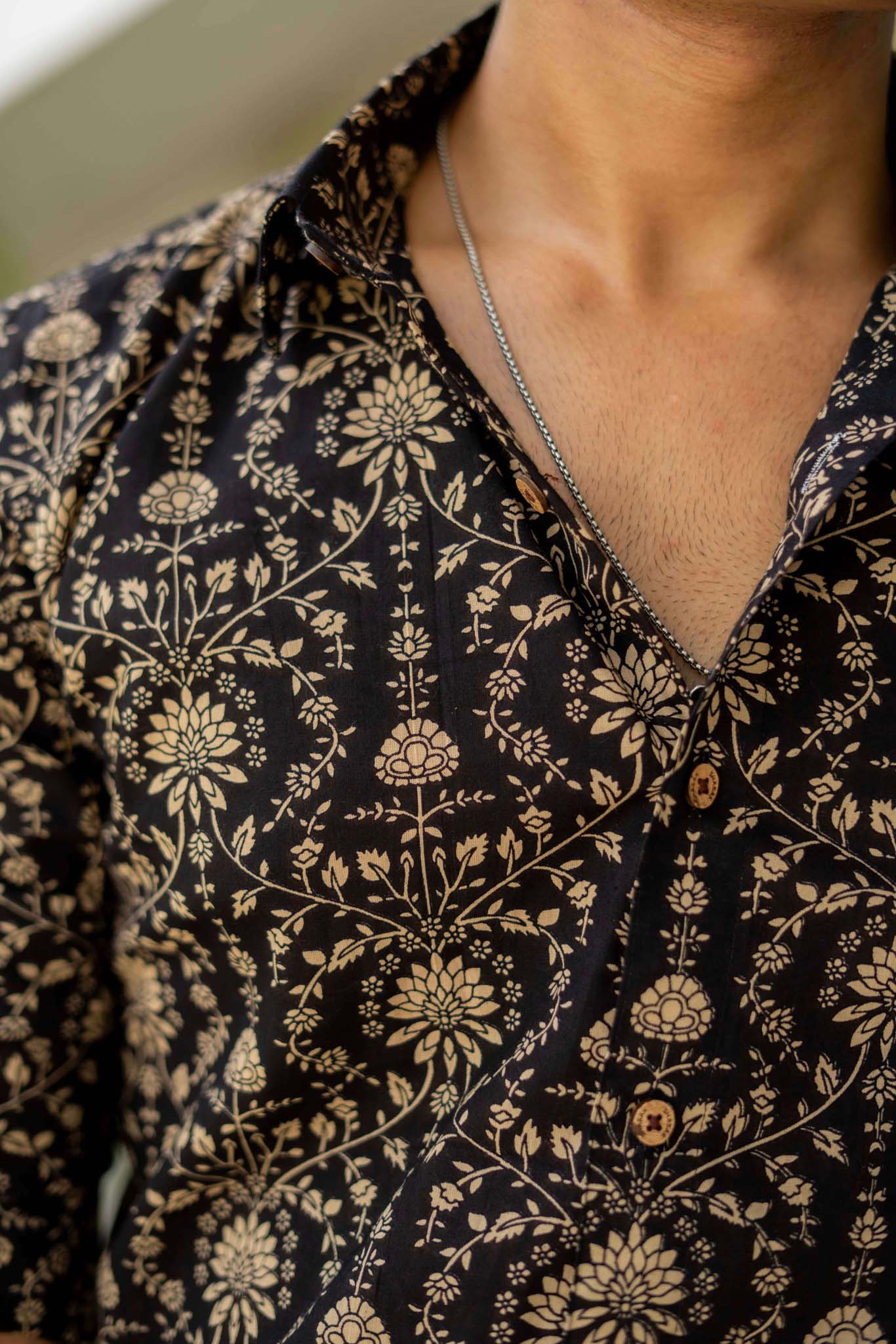 The Black Shirt With Beige Dabu Print