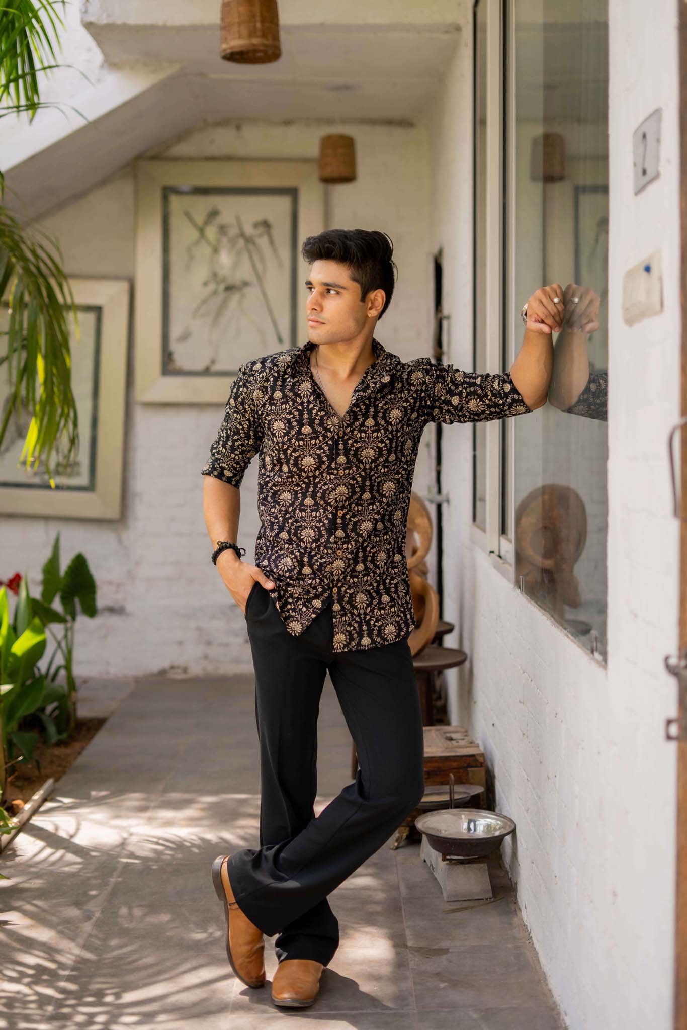 The Black Shirt With Beige Dabu Print