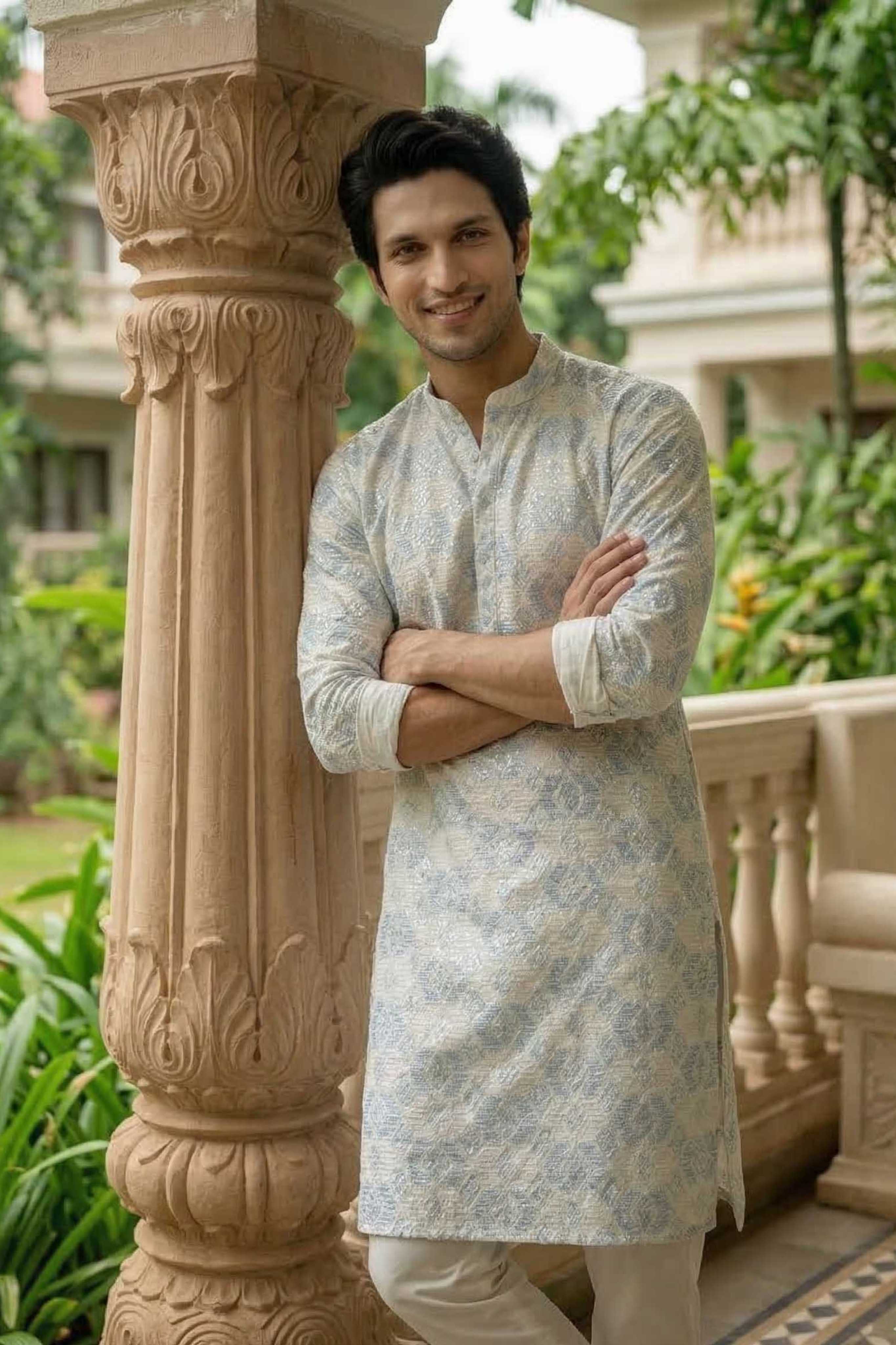 The Off White Long Kurta With Blue and Pearl Thread and Sequins Work