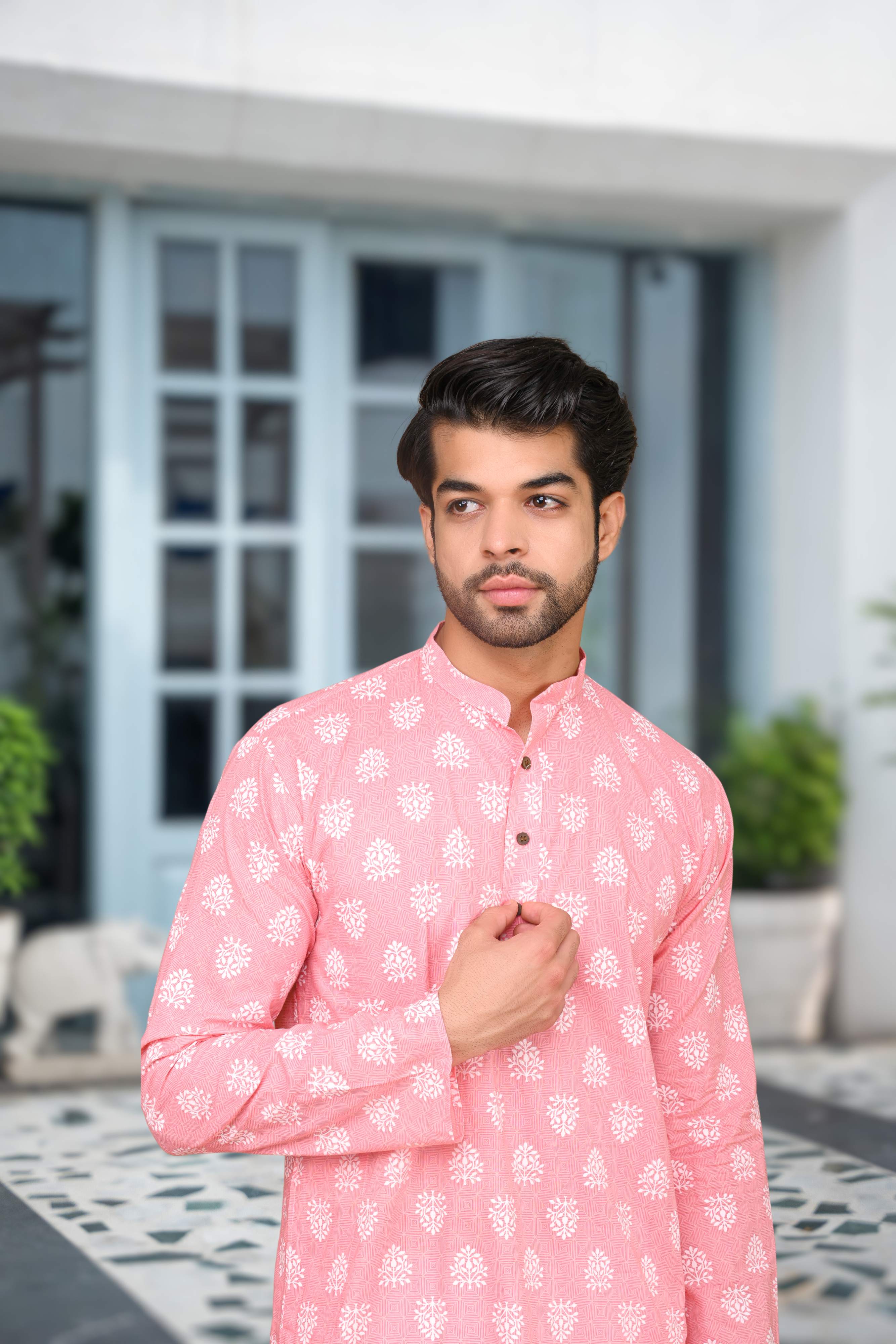 The Pink Long Kurta With Floral Geometric Print