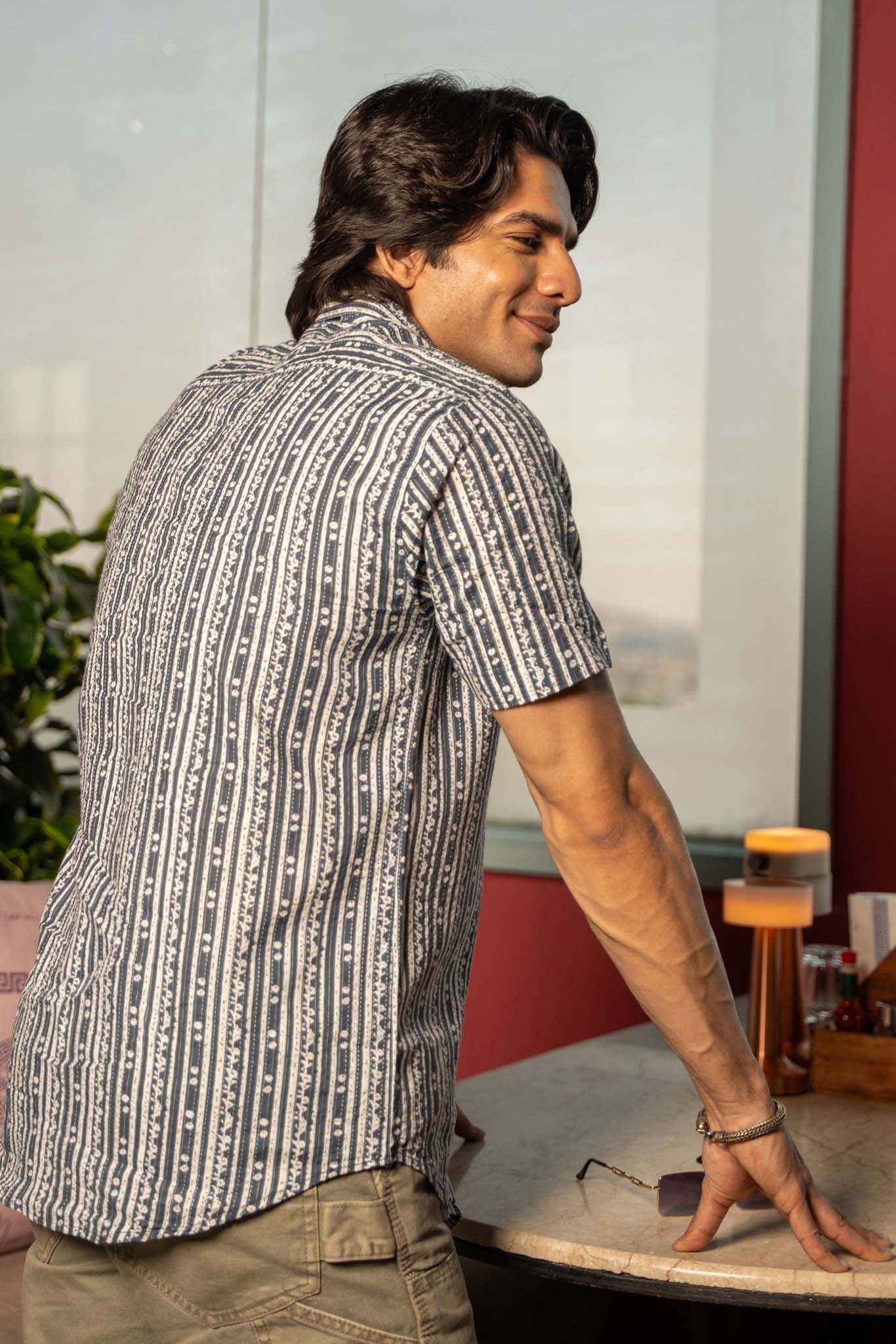 The Greyish Blue And White Half Sleeves Kantha Work Shirt With Tribal Stripe Print