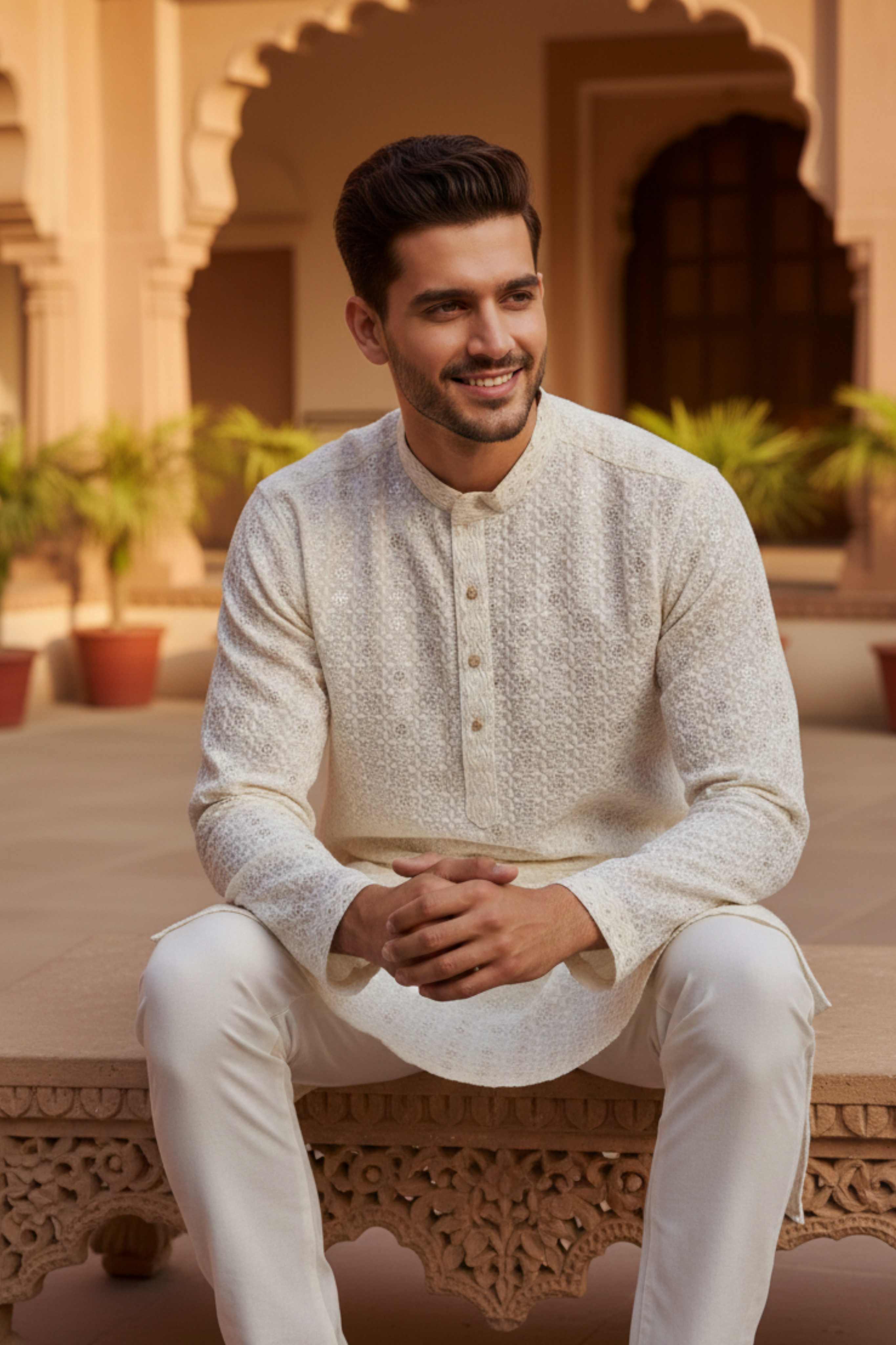 The Champagne White Floral Sequin Embroidery Long Kurta