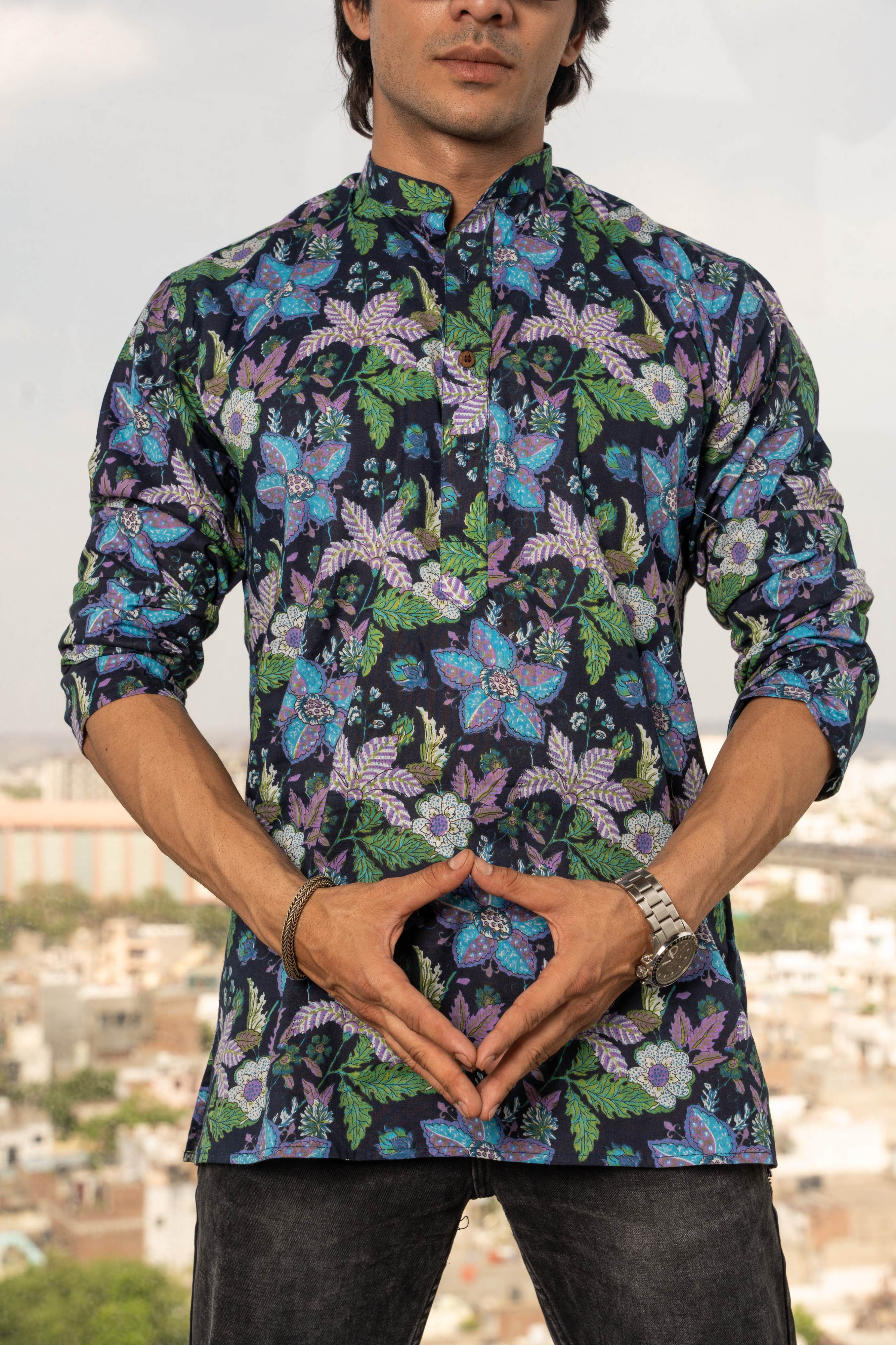 The Navy Blue Short Kurta With Floral Beach Print