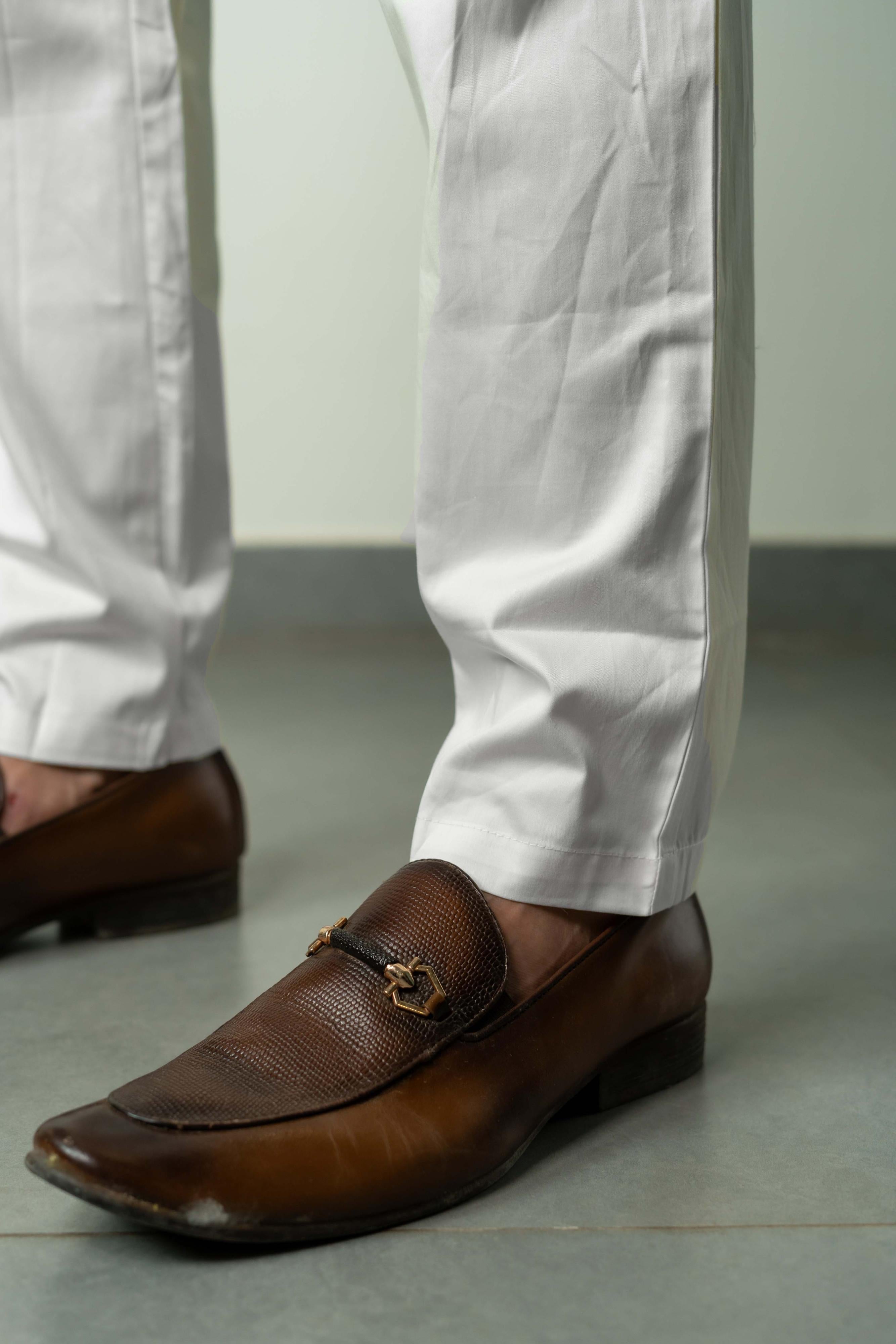 The White Color Pant Style Pajama for Men With Partially Elasticated Waist