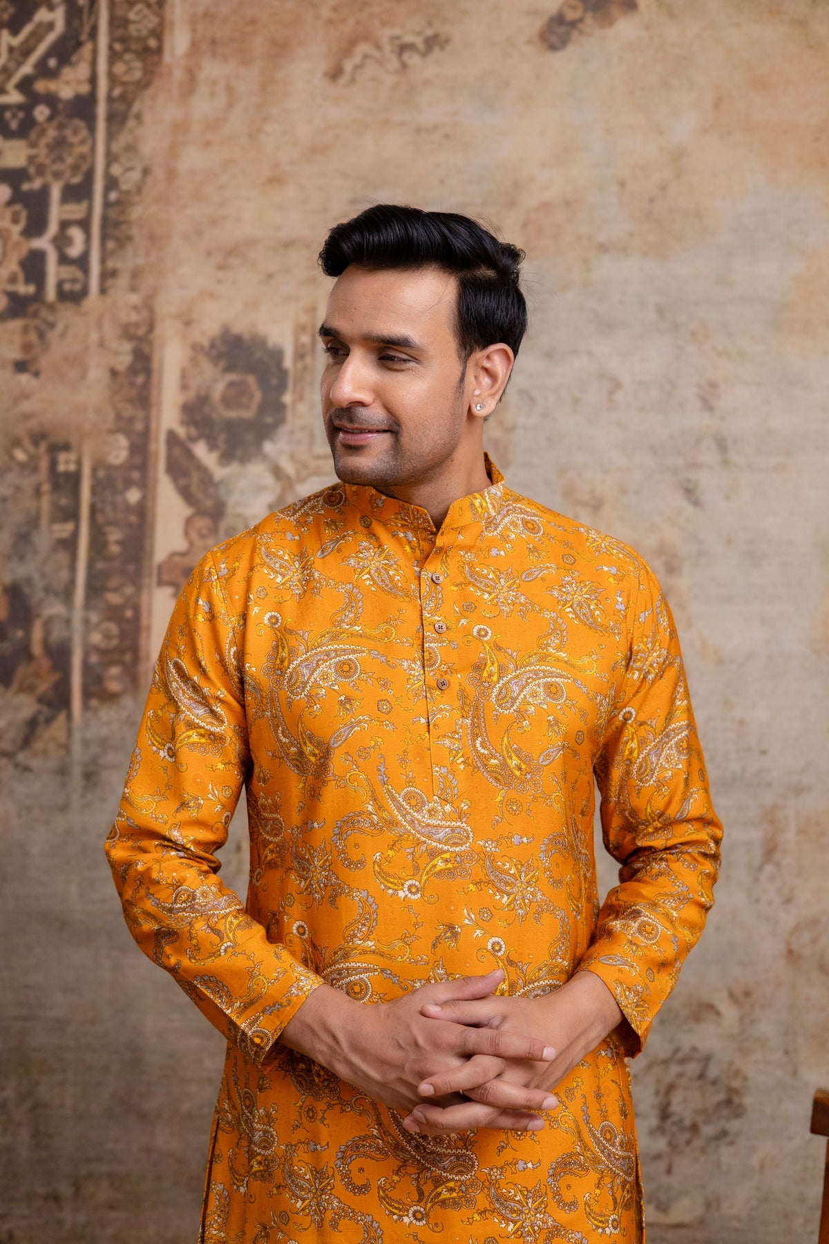The Mustard Colour Paisley Foil Print Long Kurta