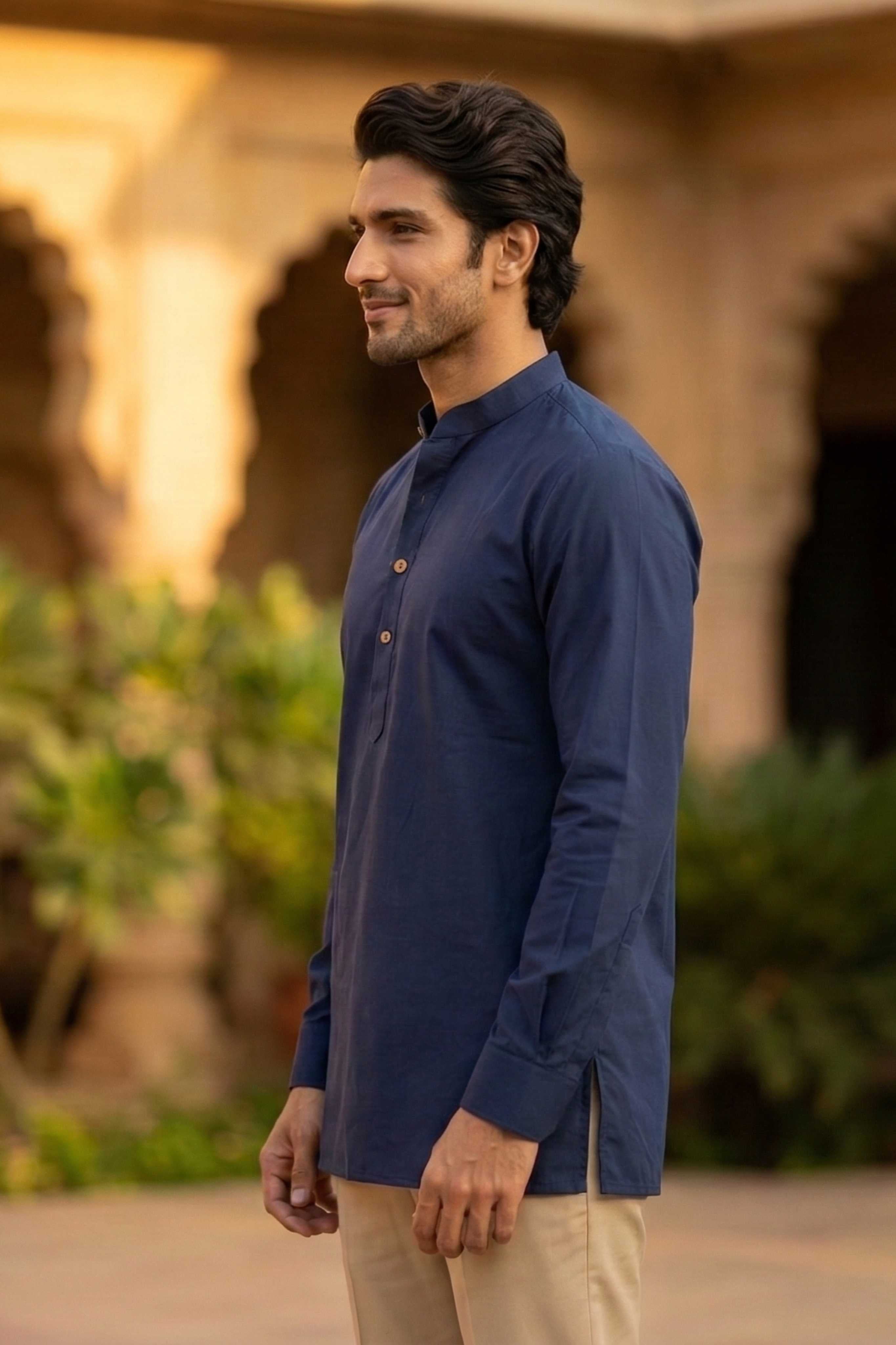 The Navy Blue Cotton Short Kurta With Buttoned Cuffs