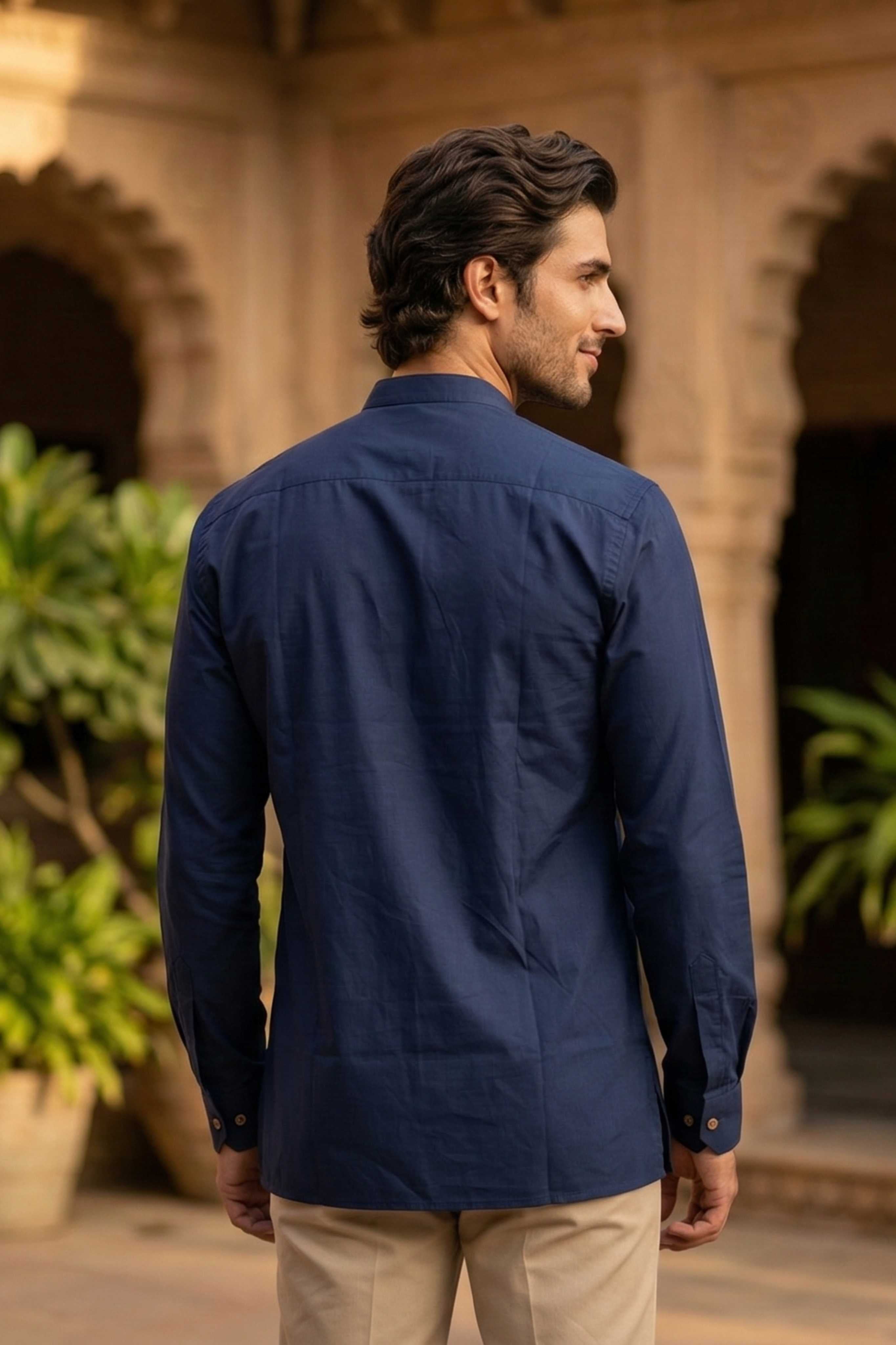 The Navy Blue Cotton Short Kurta With Buttoned Cuffs