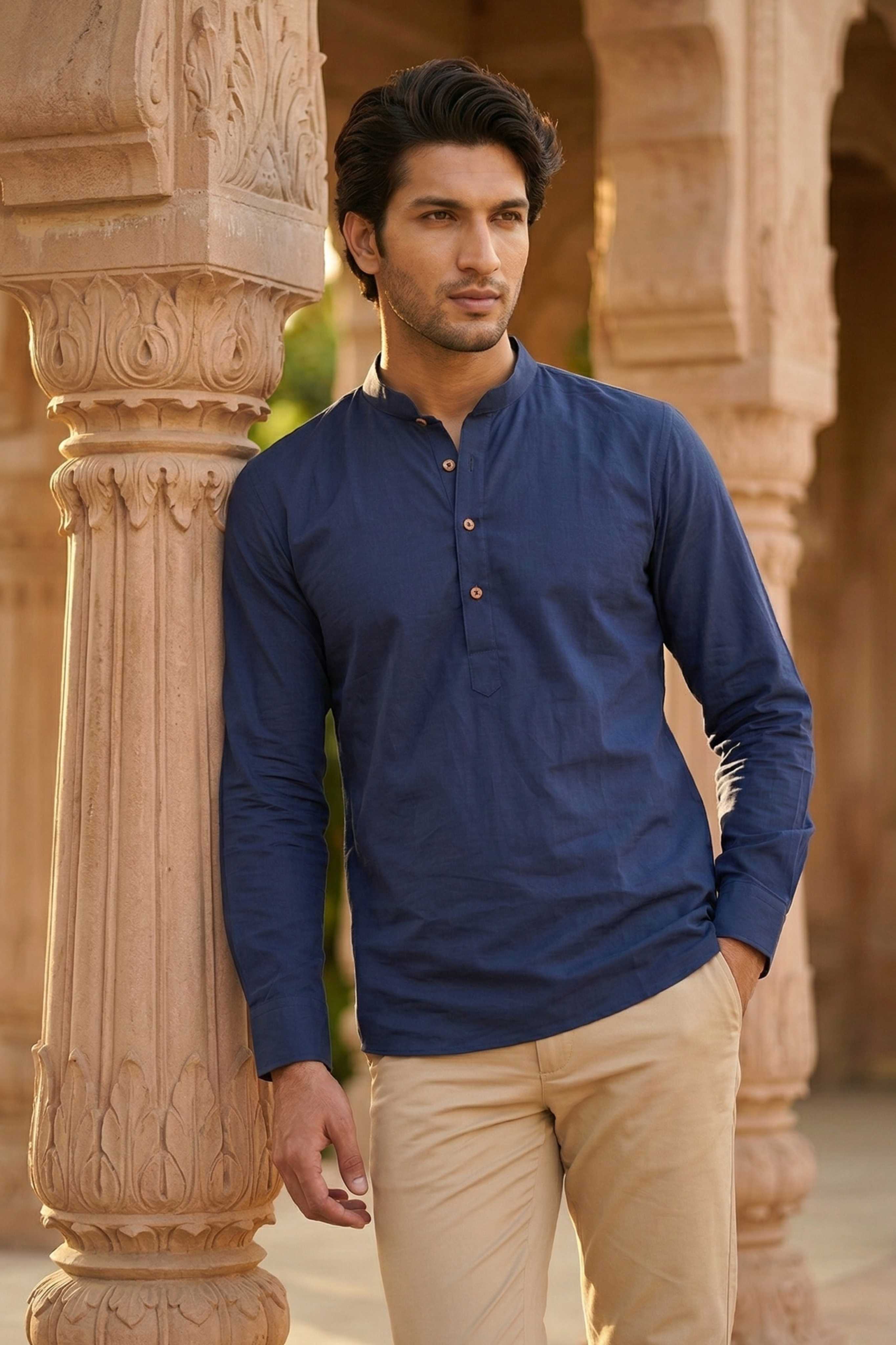 The Navy Blue Cotton Short Kurta With Buttoned Cuffs