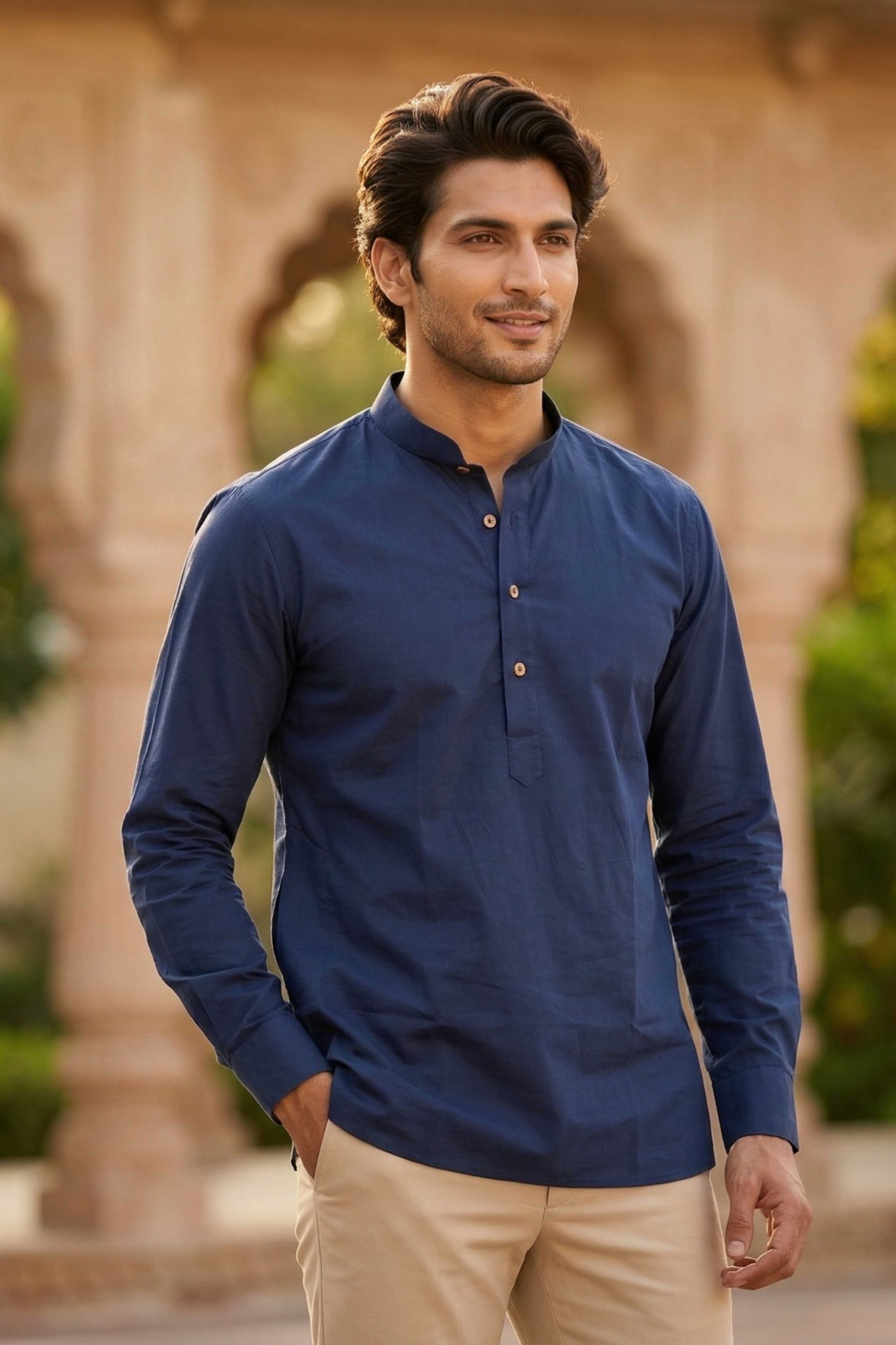 The Navy Blue Cotton Short Kurta With Buttoned Cuffs