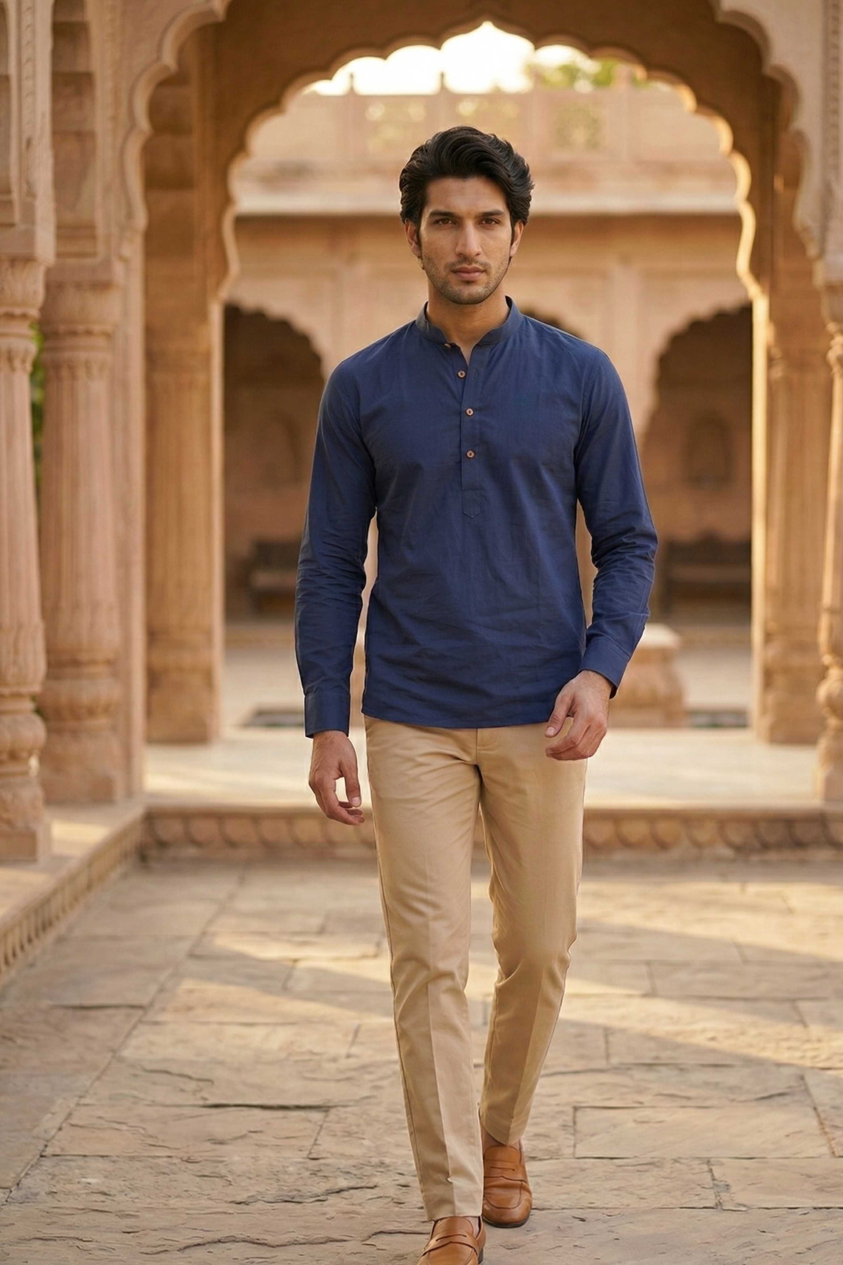 The Navy Blue Cotton Short Kurta With Buttoned Cuffs