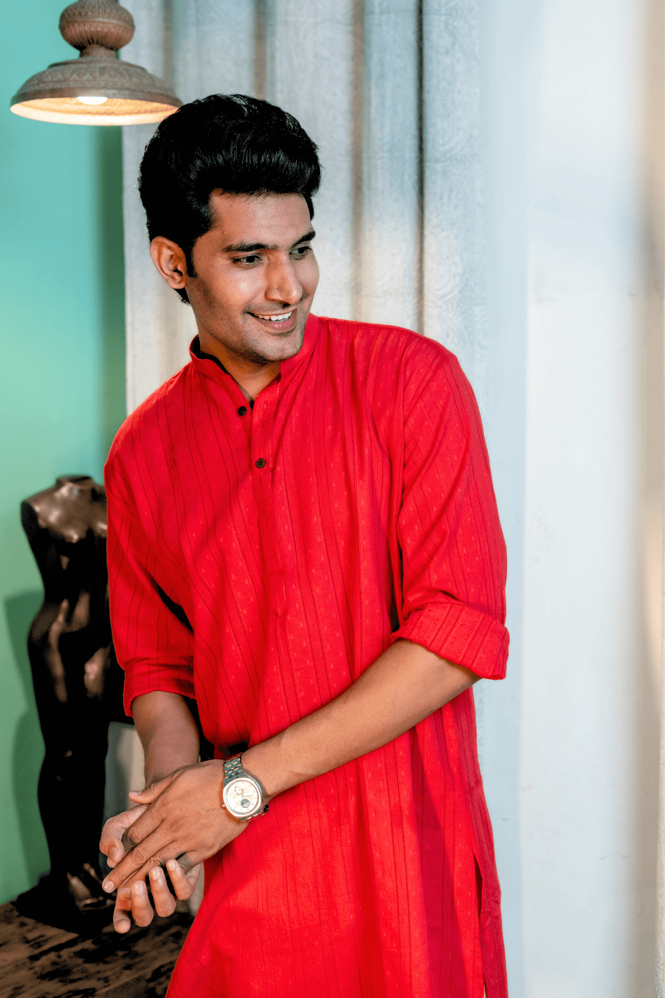 The Red Colour Long Kurta In Woven Dobby Cotton