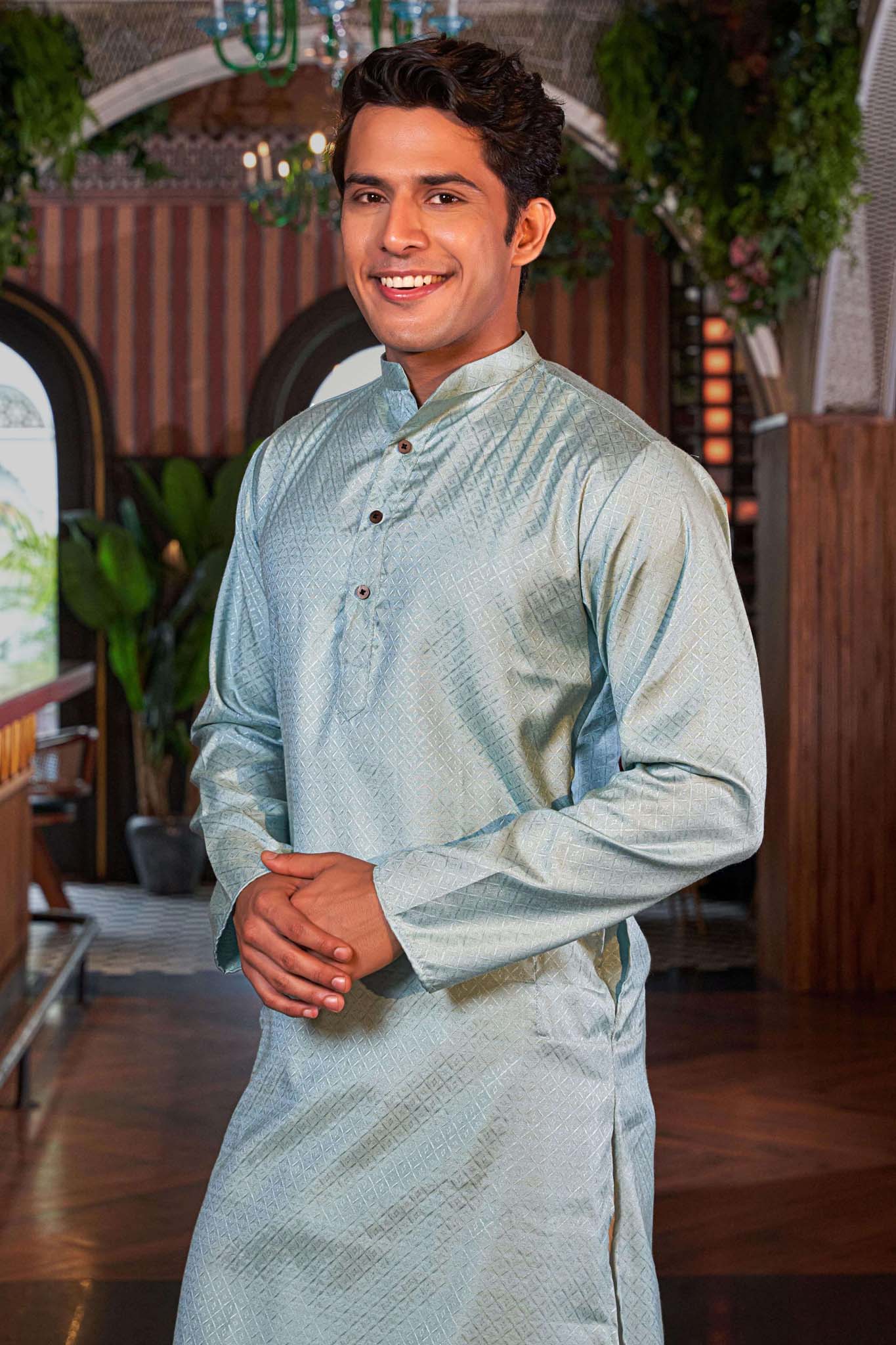 The Tiffany Blue Long Kurta with Geometric Self Work