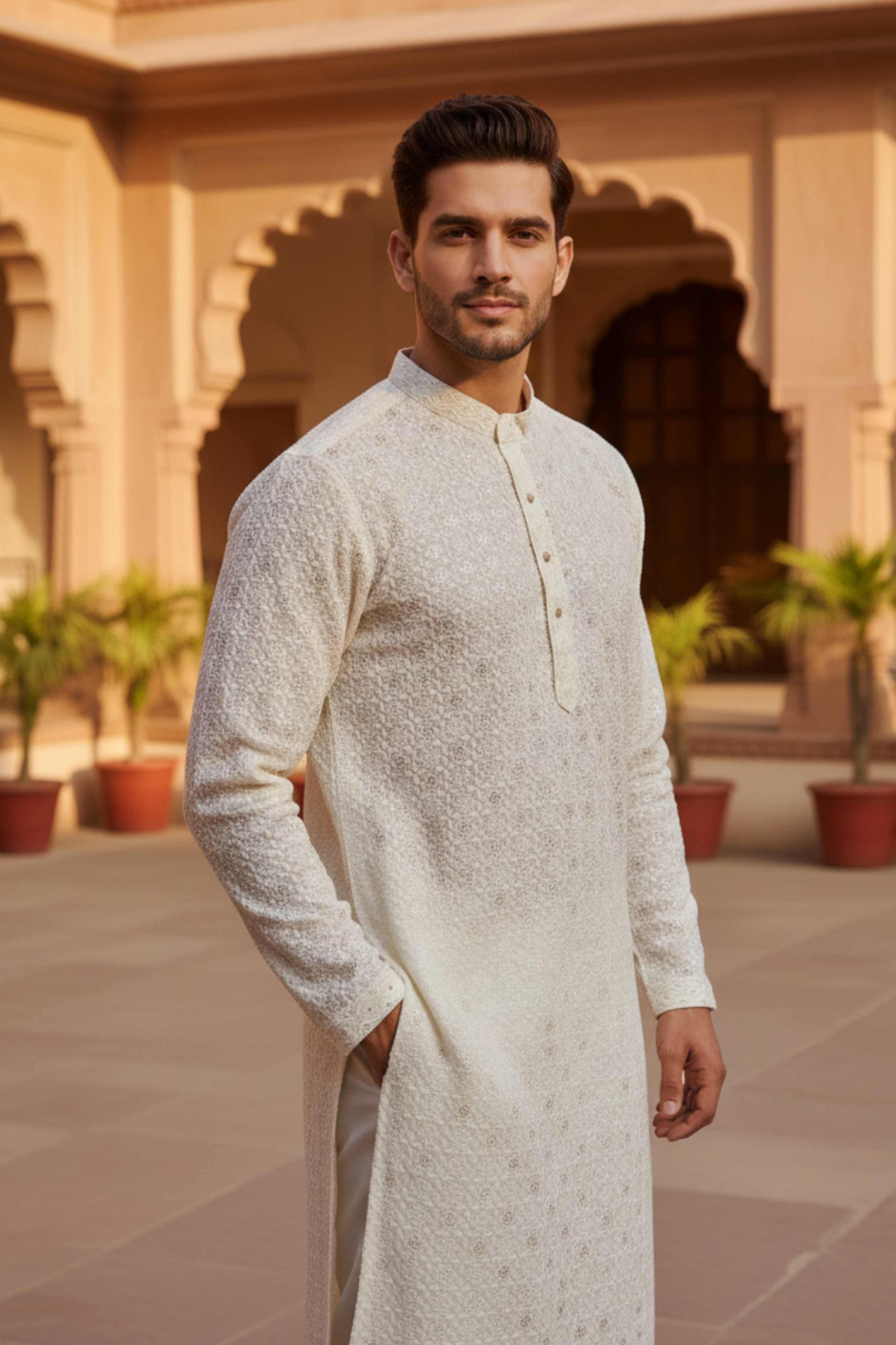 The Champagne White Floral Sequin Embroidery Long Kurta