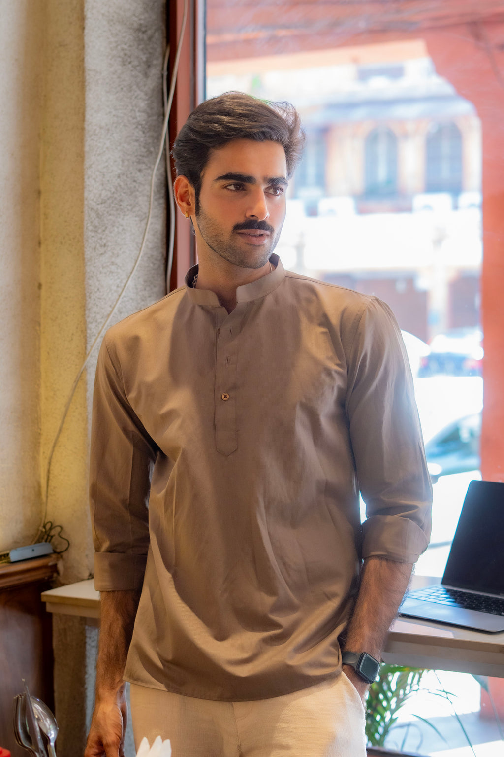 The Cocoa Brown Striped Stretchable Short Kurta