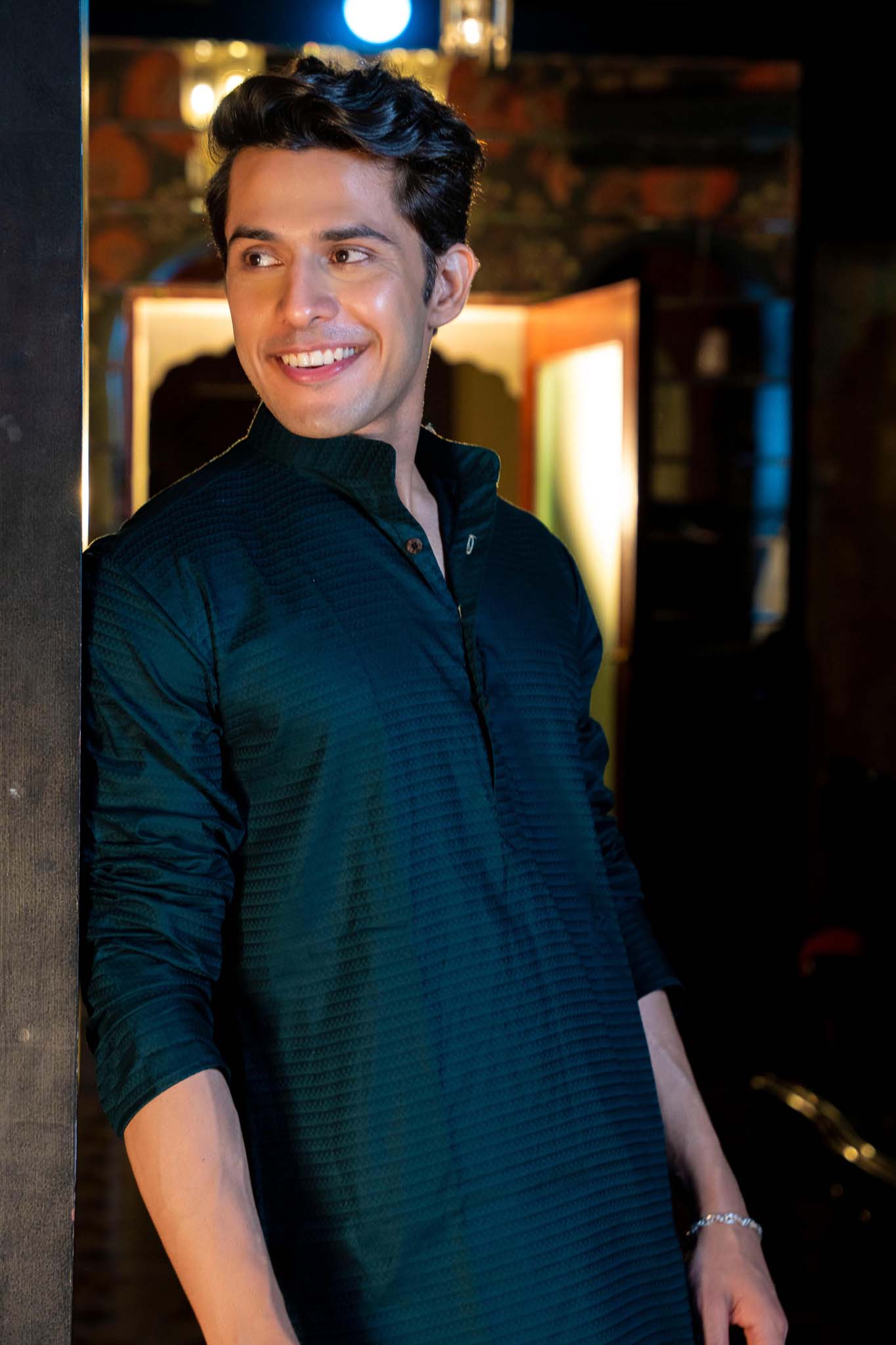 The Dark Teal Long Kurta with Textured Self-Work