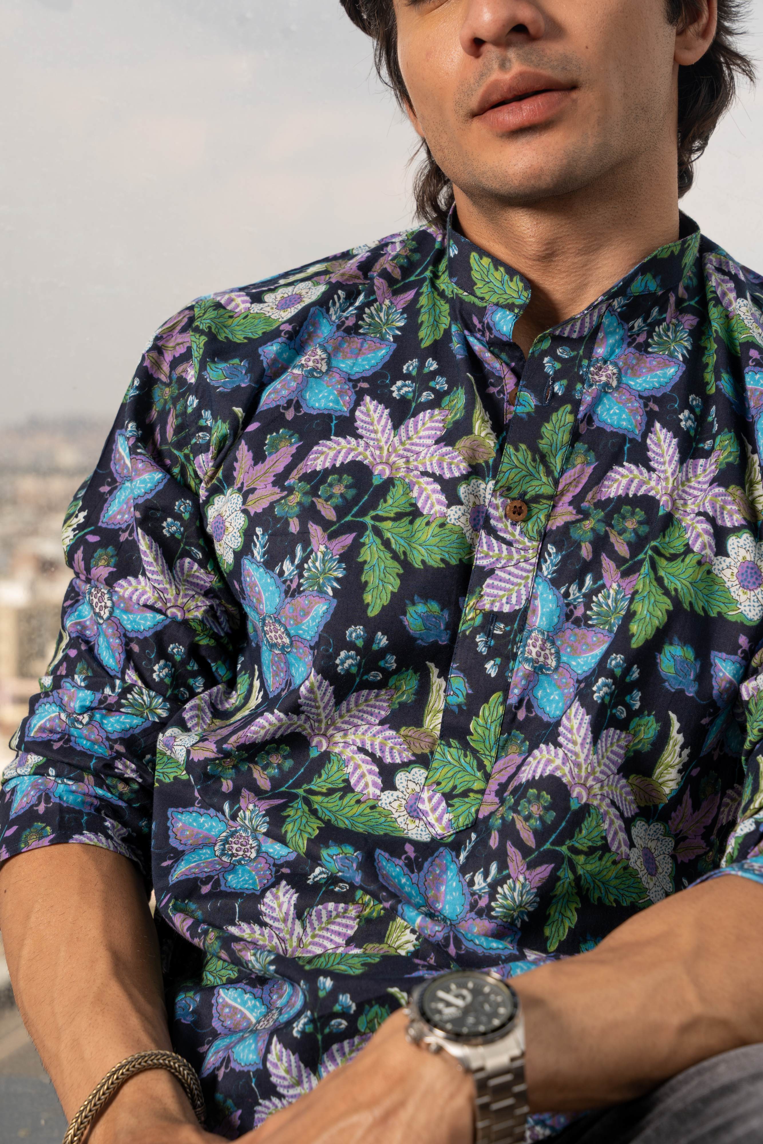 The Navy Blue Short Kurta With Floral Beach Print