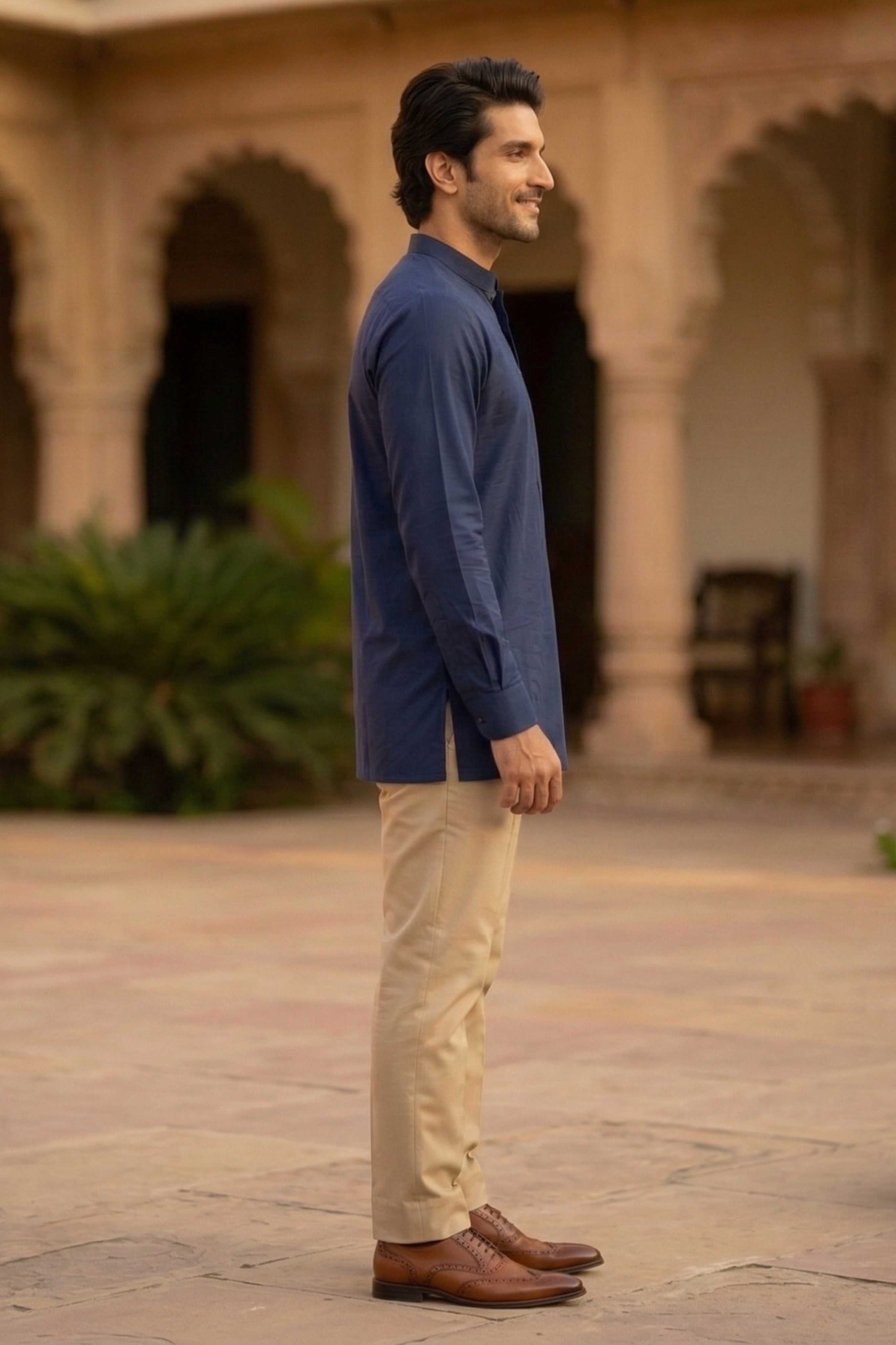 The Navy Blue Cotton Short Kurta With Buttoned Cuffs
