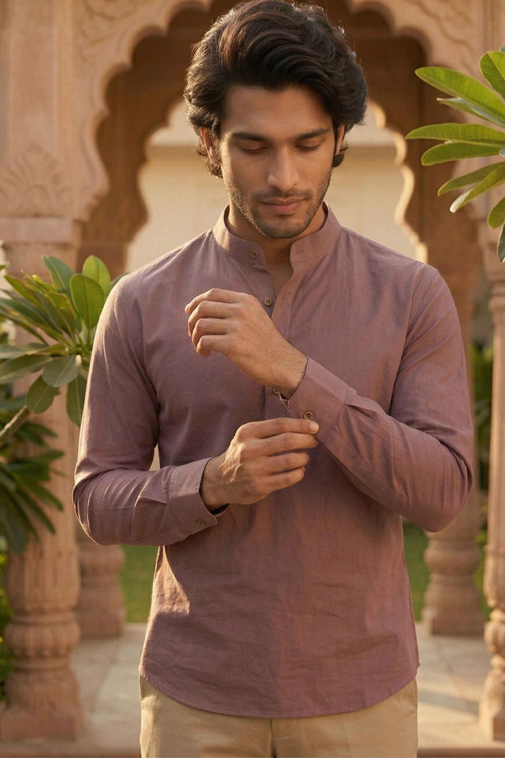 The Light Purple Cotton Short Kurta With Buttoned Cuffs