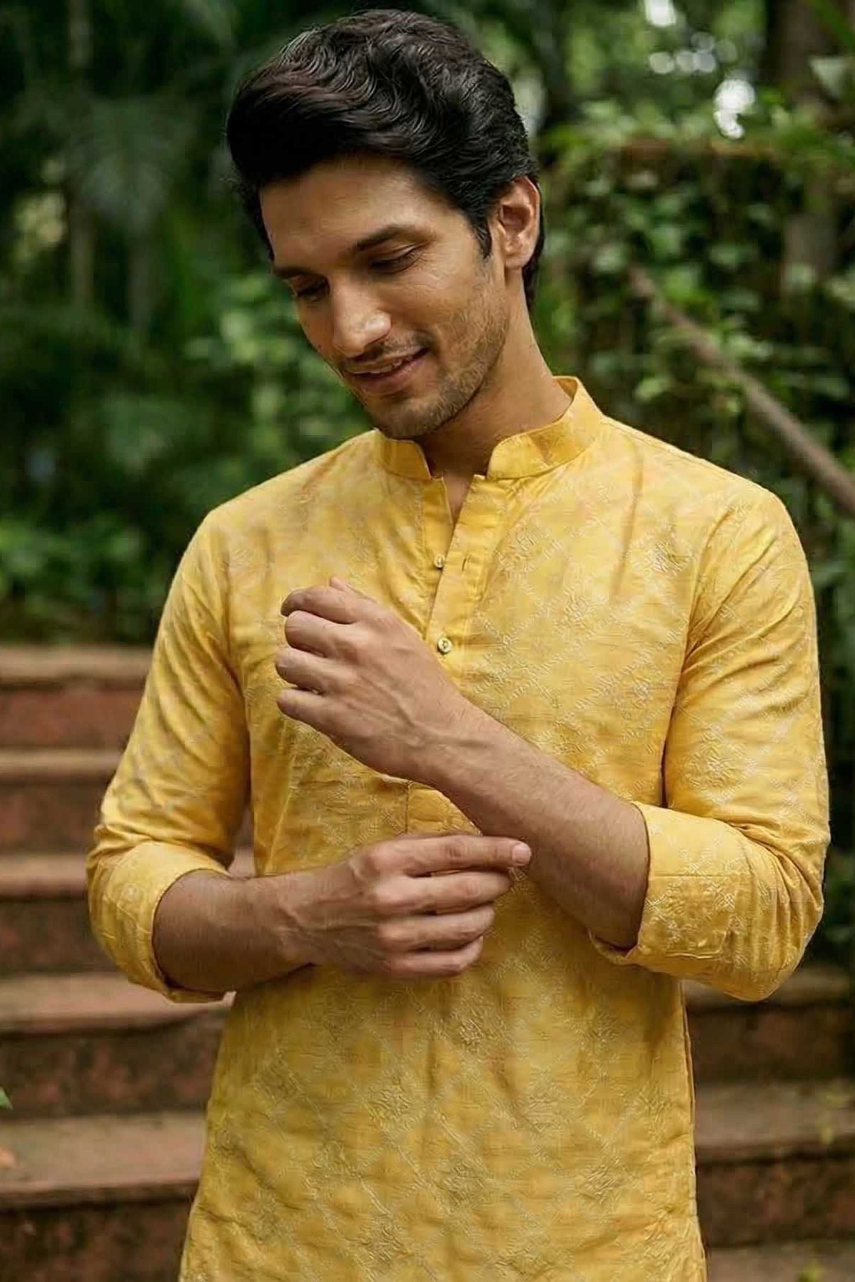 The Mustard Yellow Silk Blend Long Kurta with Heritage Self Motif