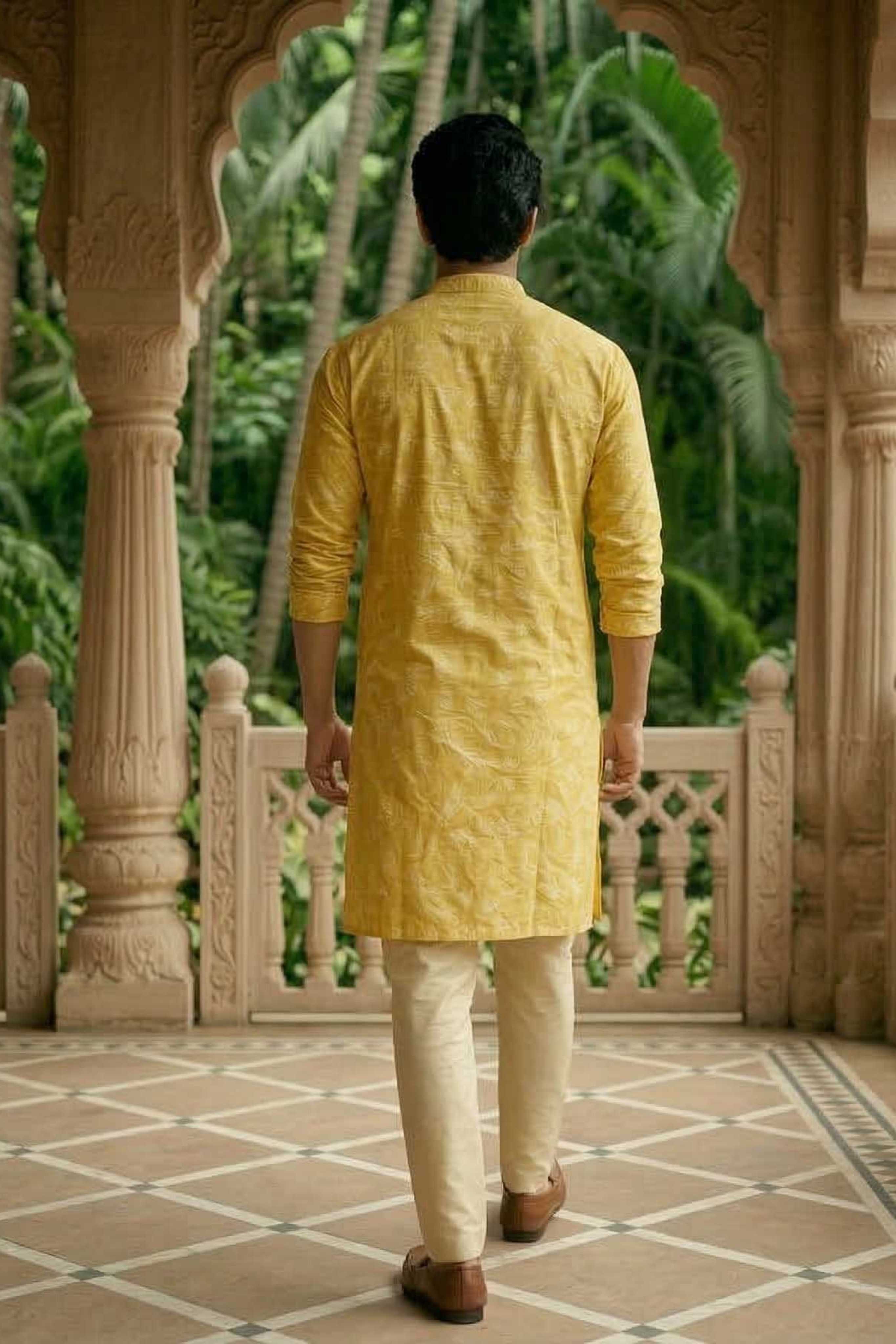 The Mustard Yellow Silk Blend Long Kurta with Heritage Self Motif