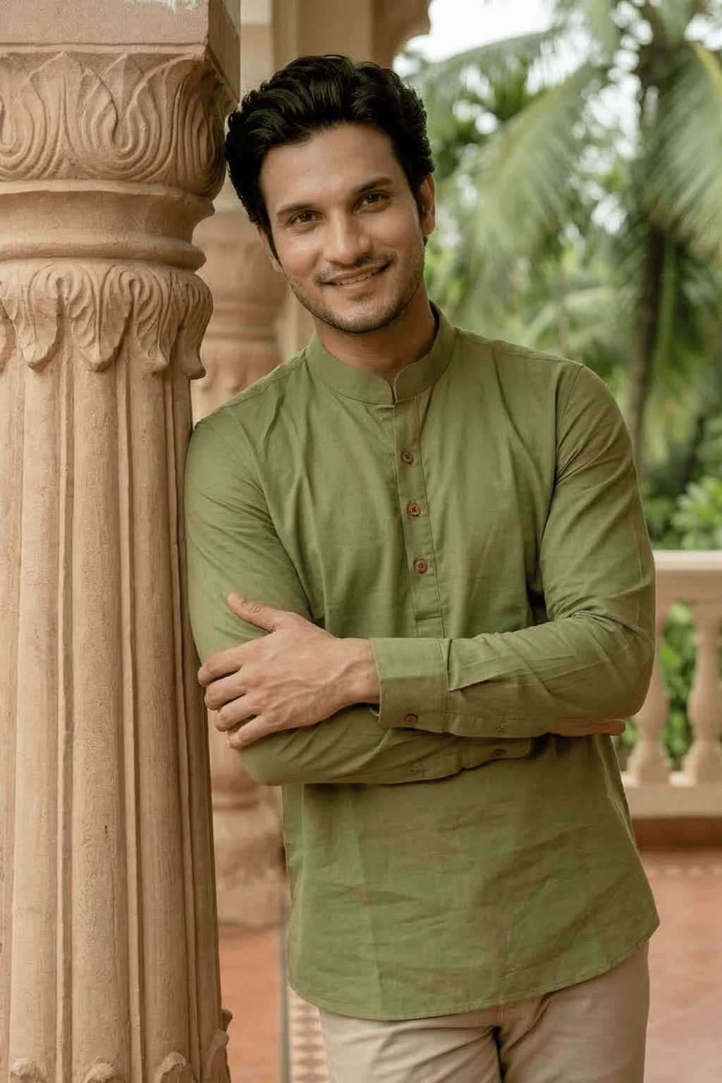 The Light Green Cotton Short kurta With Buttoned Cuffs