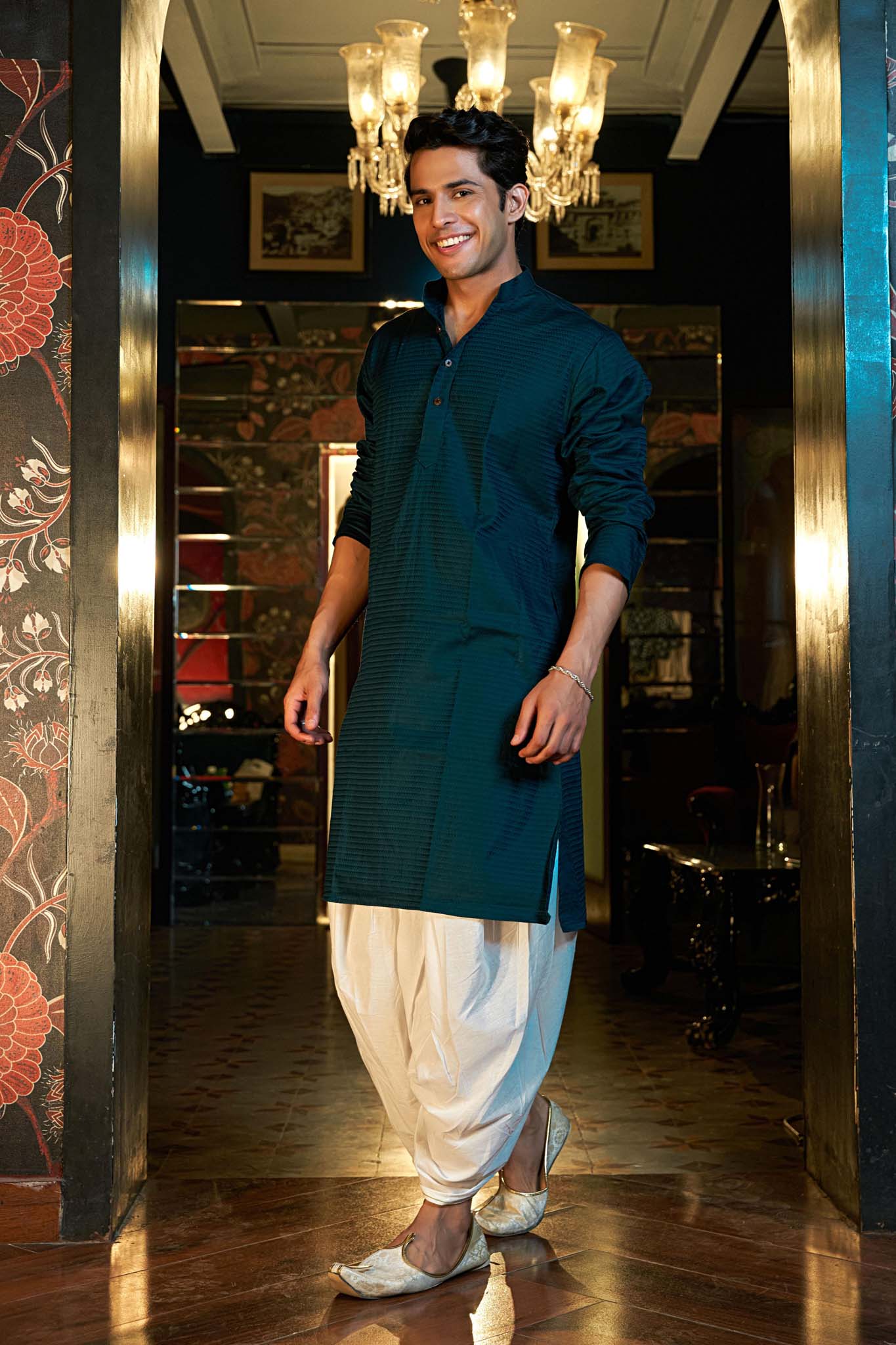The Dark Teal Long Kurta with Textured Self-Work