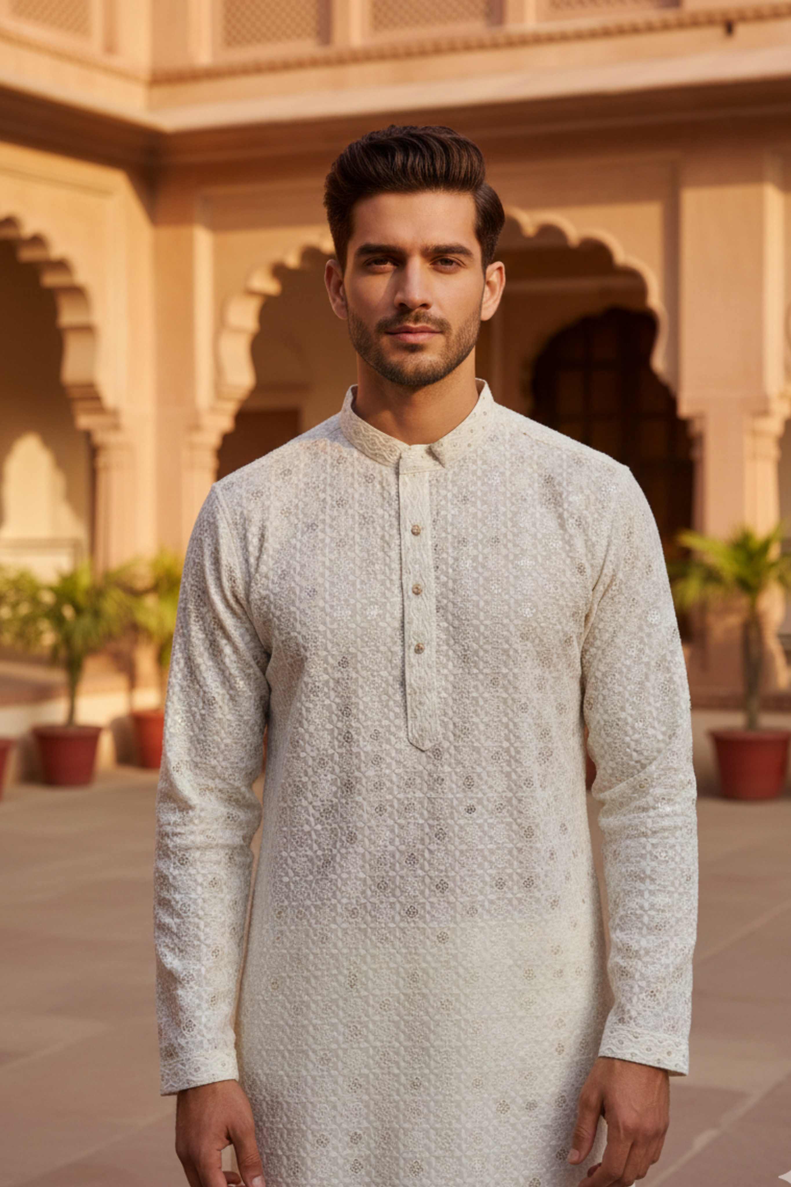 The Champagne White Floral Sequin Embroidery Long Kurta