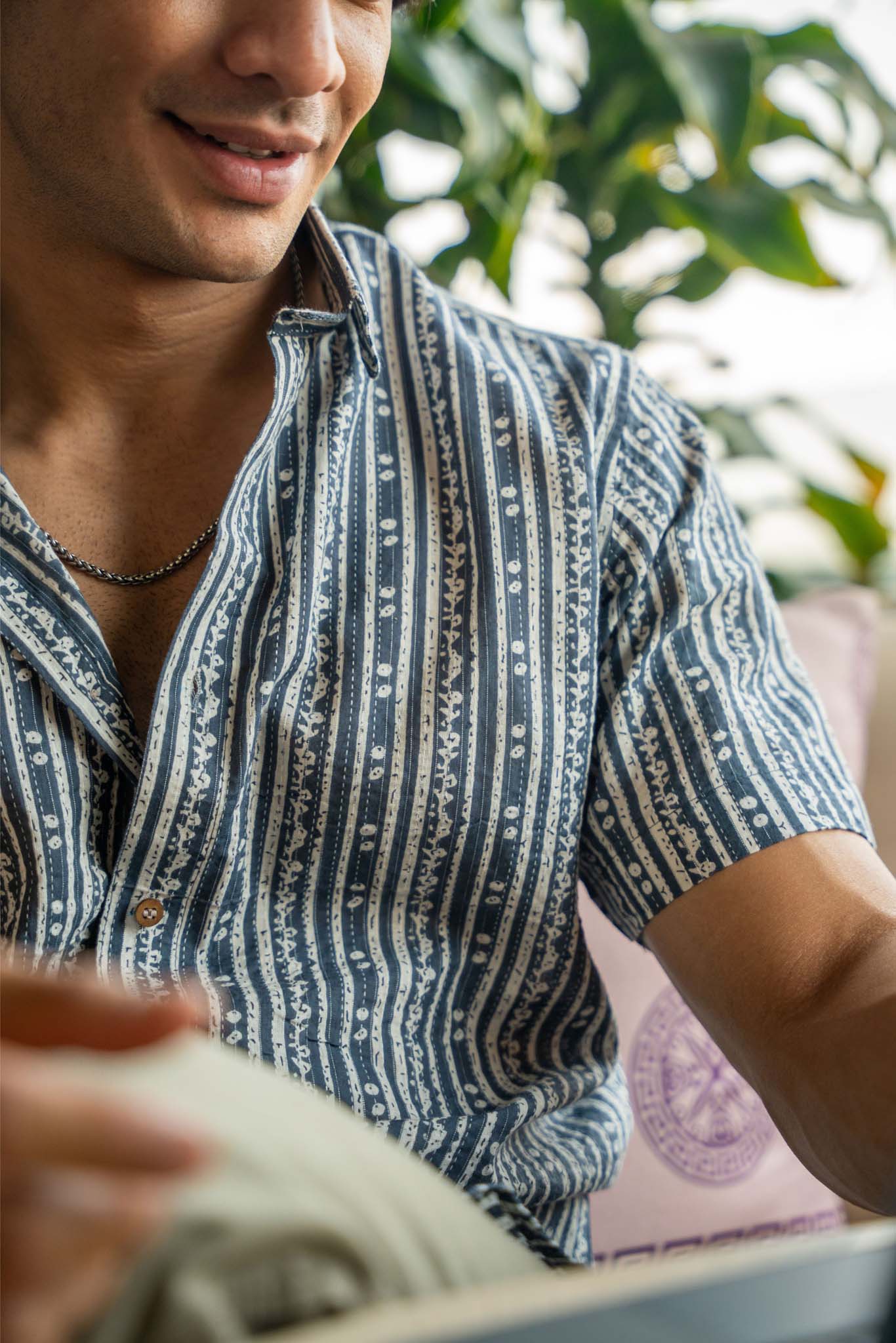 The Greyish Blue And White Half Sleeves Kantha Work Shirt With Tribal Stripe Print
